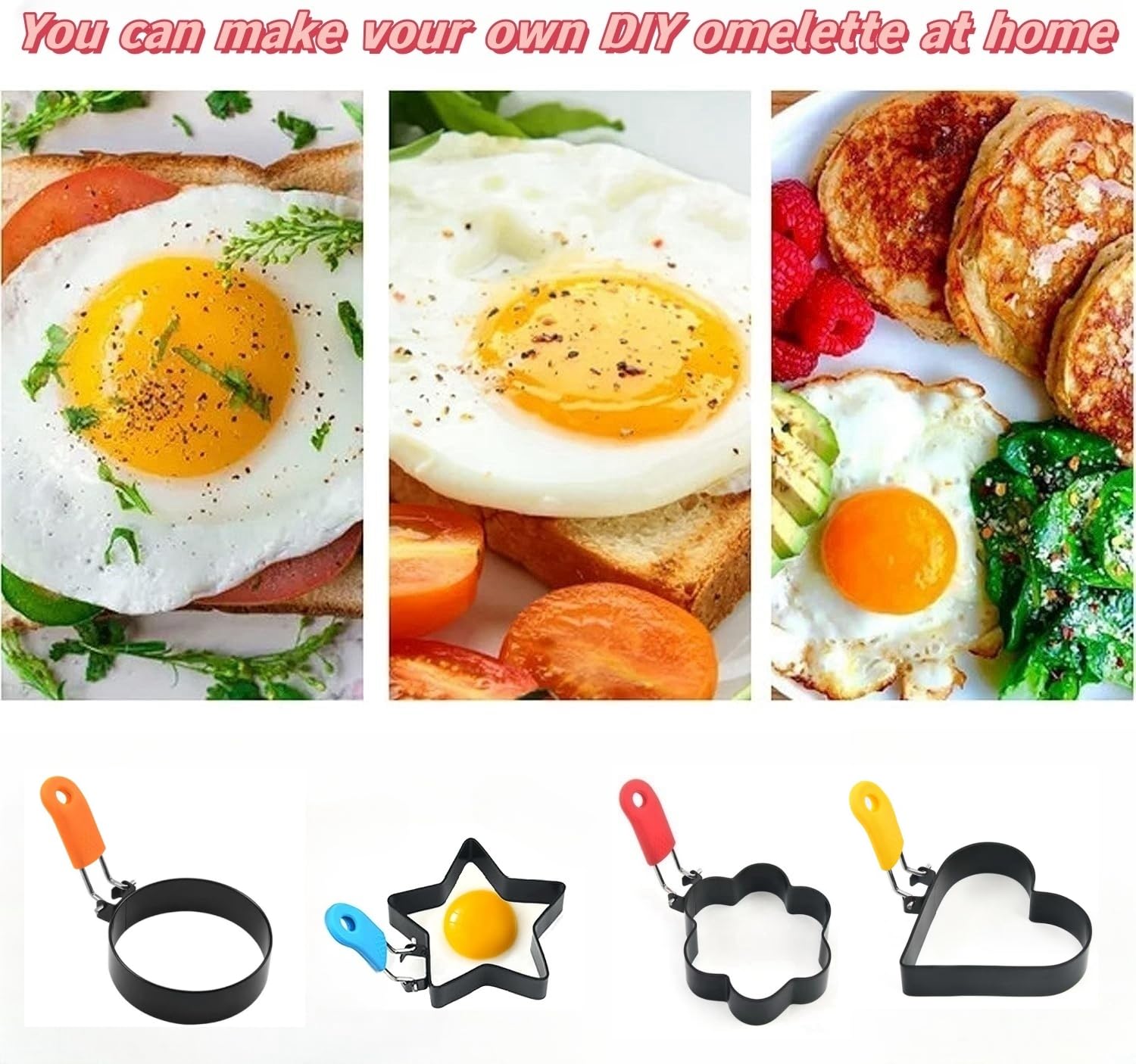 CAREDGO 4 PCS Moule À Oeufs Frits - Anneaux Inox Anti-adhésifs Avec Poignées Pliables - Kit Complet