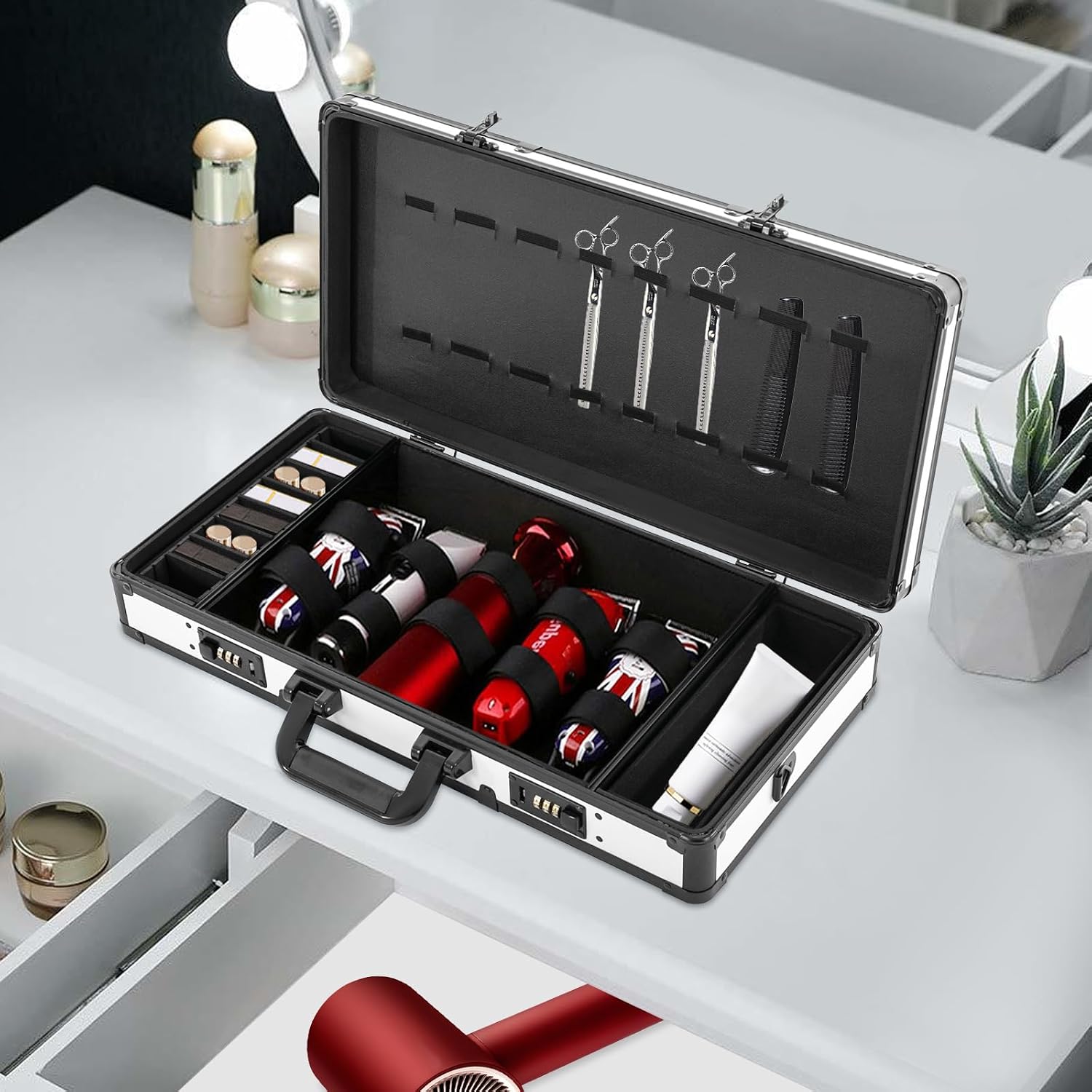 Professional Barber Case, Hair Kit Organizer Box Barber Travel Carry Case for Hair Scissors Tools Hair Stylist Pet Groome, Barber Carrying Cases with Code Lock (White&Black)