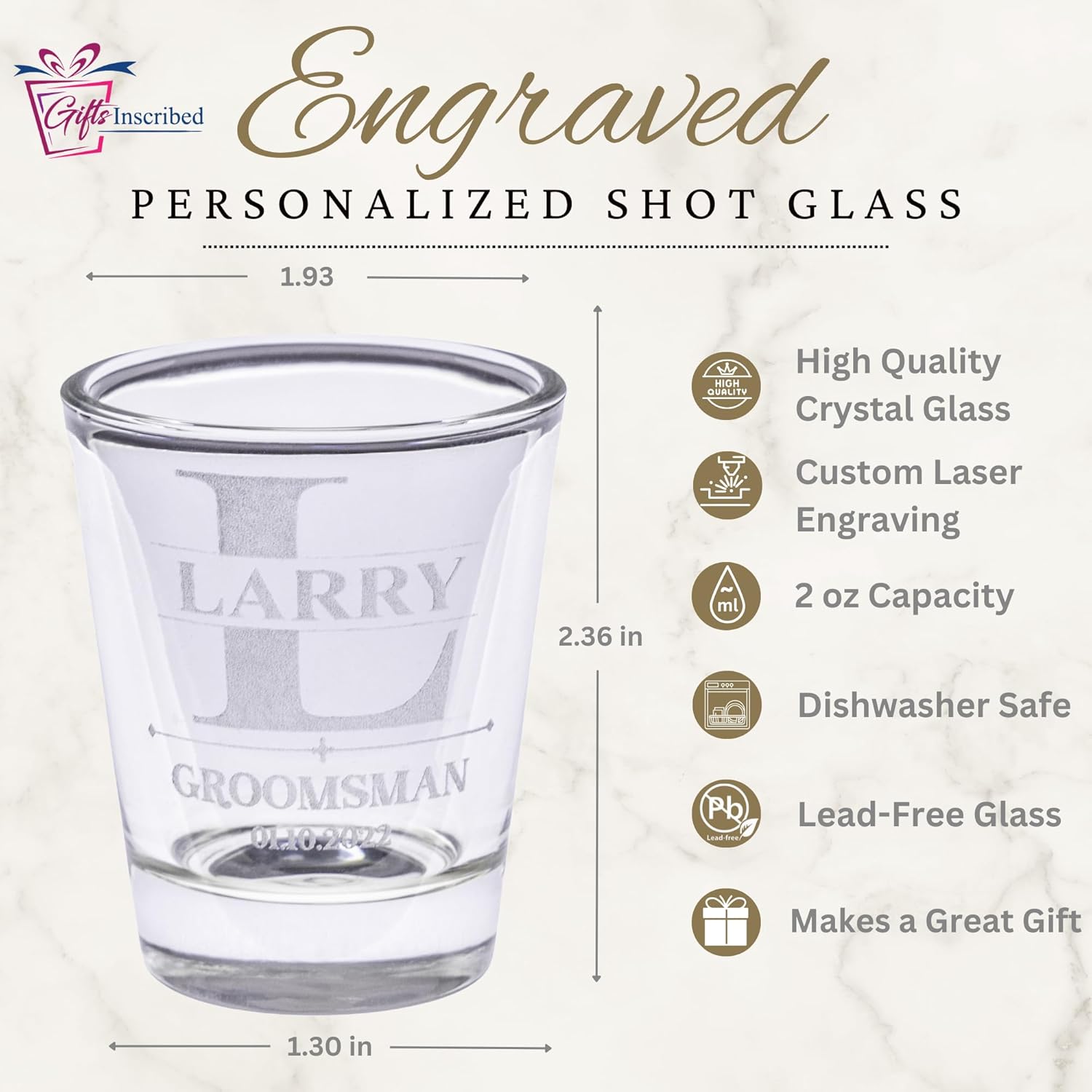 Gifts Inscribed Personalized Shot Glasses Set of 6 – Custom Engraved Groomsmen Glasses – Wedding, Bachelor Party, Drinking Gift for Men, Whiskey Vodka Tequila Shooters