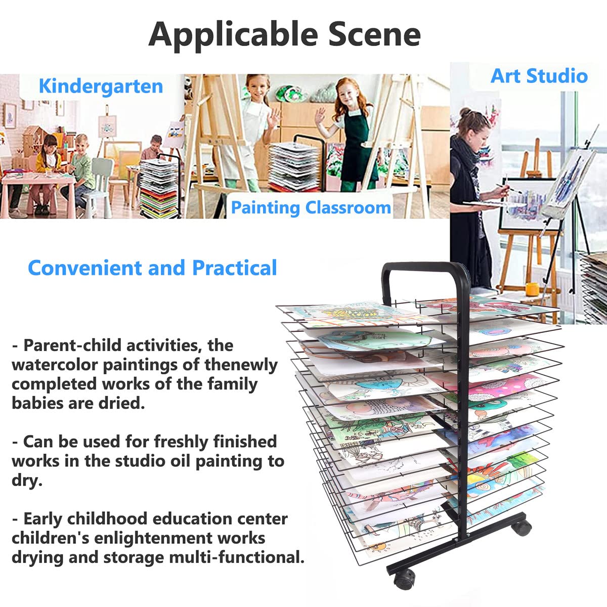 Séchoir À Tableaux Mobile en Métal, Simple Ou Double Face, Idéal pour Les Écoles Et Les Clubs d'art. Séchoir À Tableaux À 4 Roues pour La Peinture Et Les Loisirs Créatifs-B