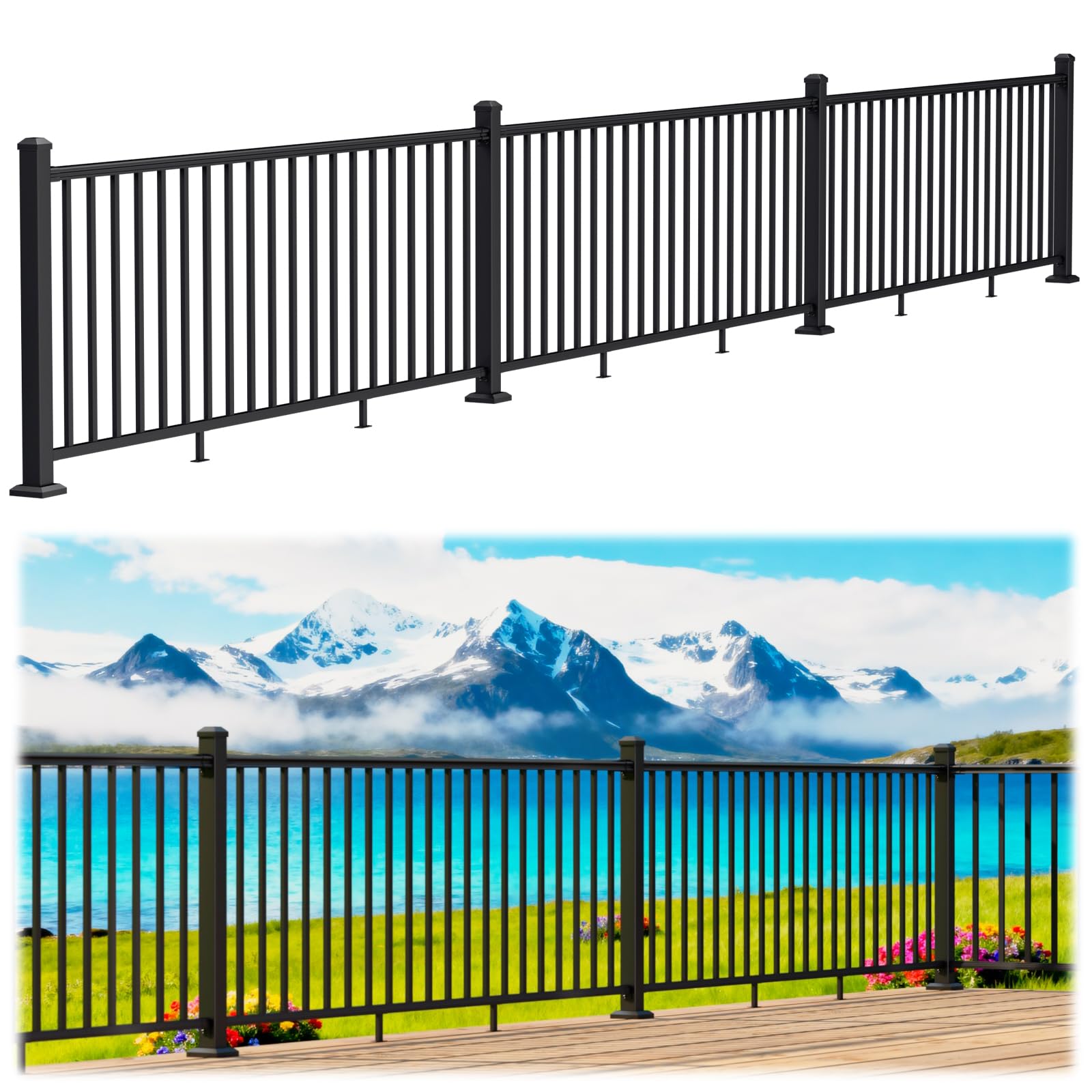 Photo 1 of *Box damaged* Egadis 36 in. H x 24 ft. W Black Deck Railing Kit with 4 Post, Textured AAMA 2604 Powder-Coat Finish Modular Aluminum Railing System for Outdoor Decks, Porches & Balconies(3 Panel, 4 Post)