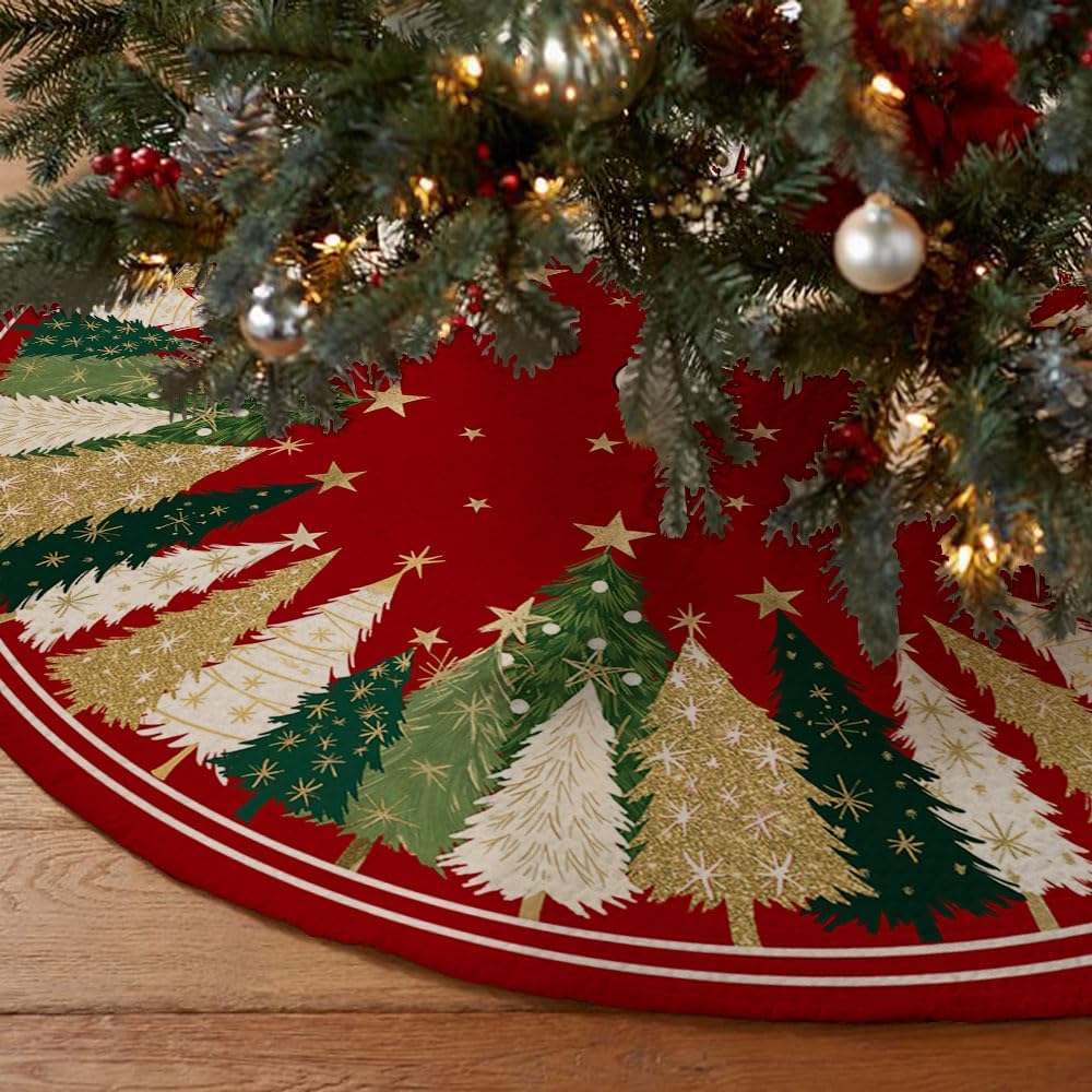 Falda Arbol Navidad de 122cm(48 Pulgadas), Cubre Pie Arbol de Navidad con Estrellas Brillantes y Patrón de árbol, Adecuado para Decoracion, Fiestas