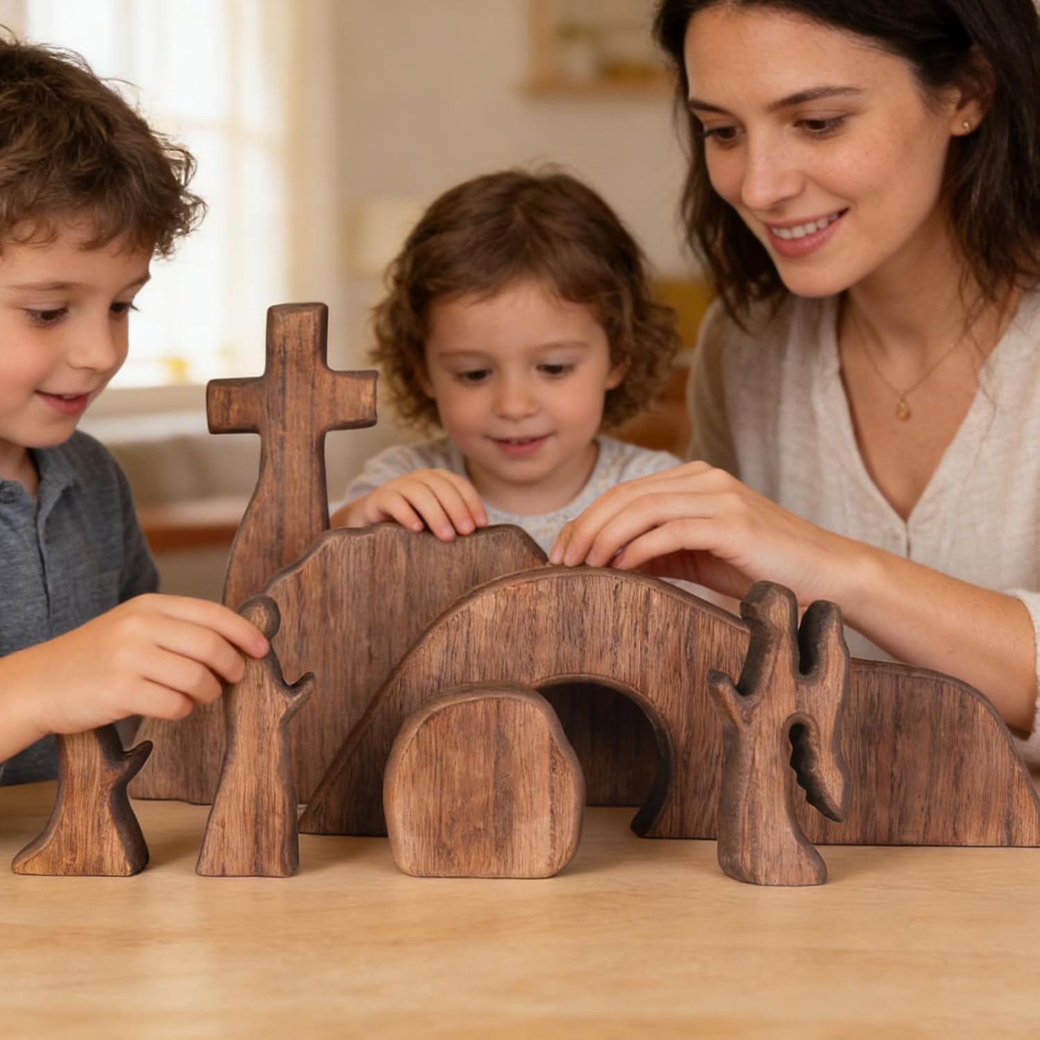 Empty Tomb Easter Scene Decorations - Wooden Resurrection Scene Cross Jesus Tomb Tray Set - Religious Christian Jesus Nativity Decor for Home Table Office