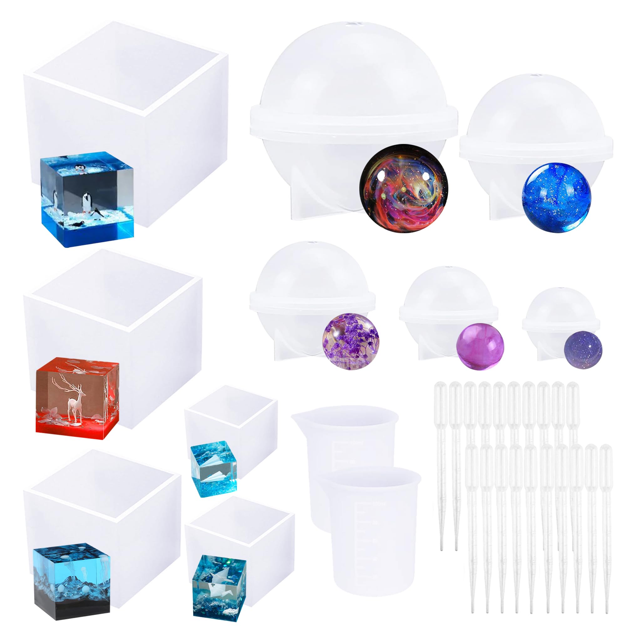 Attuslla 32 Pieces Jewellery Silicone Mould Sphere Casting Mould Resin Mould Space Casting Moulds Silicone Measuring Cups for Jewellery Making