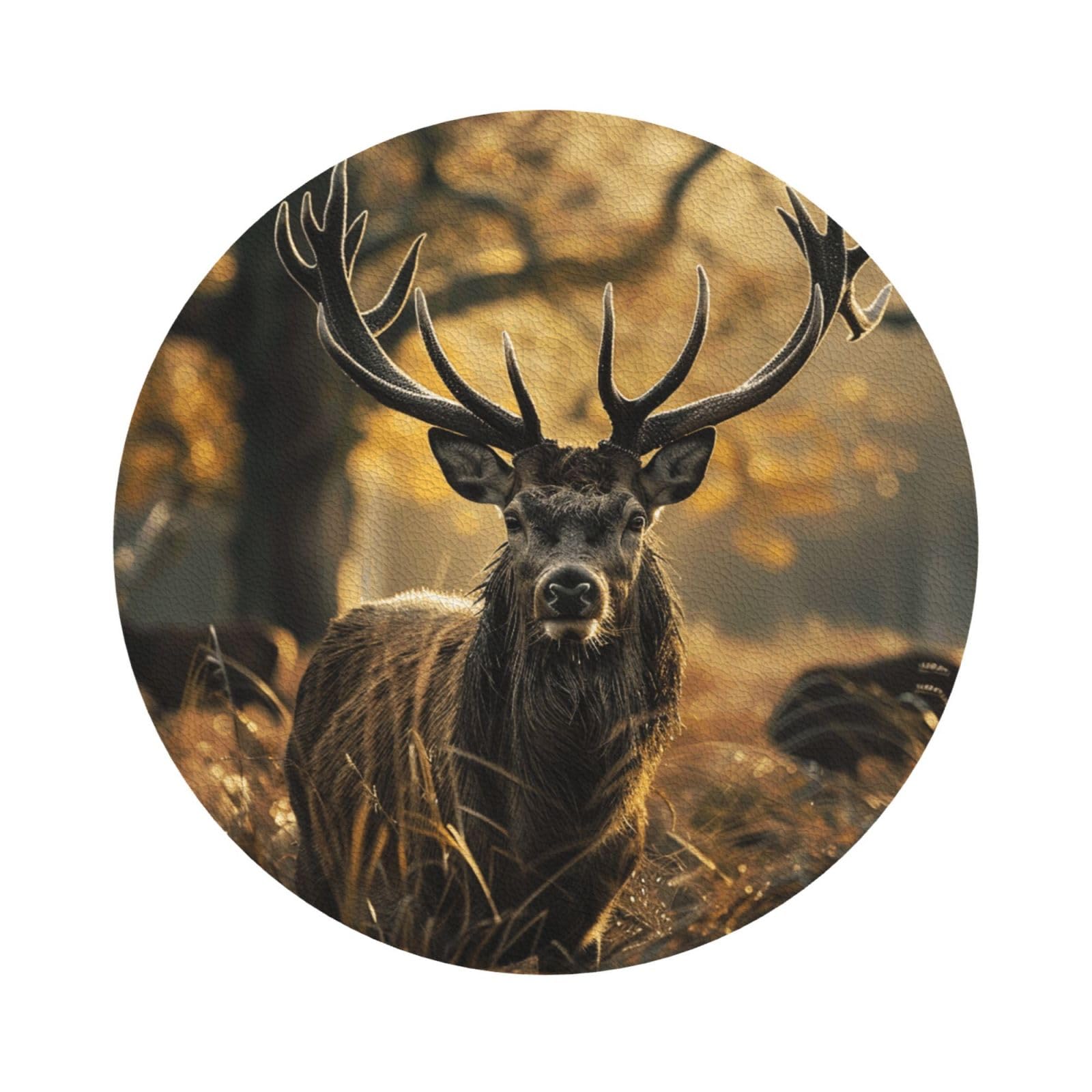 Antler Red Deer Print Leather Coaster Set of 6, Round Shape Coasters Table Decorative Coffee Cup Beverage Coasters Wine Beer Bar Coasters for Hot Drinks Table Protection
