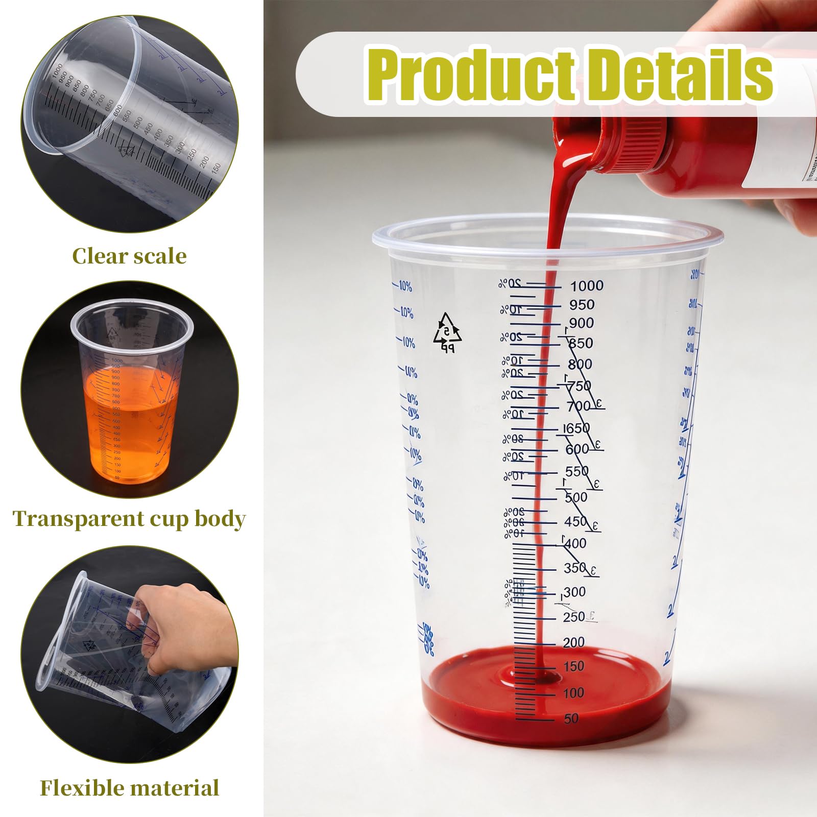 Lot de 30 tasses à mesurer en plastique transparent de 1 000 ml avec échelle double face, tasses graduées pour mélange de pigments, artisanat, cuisine, laboratoire