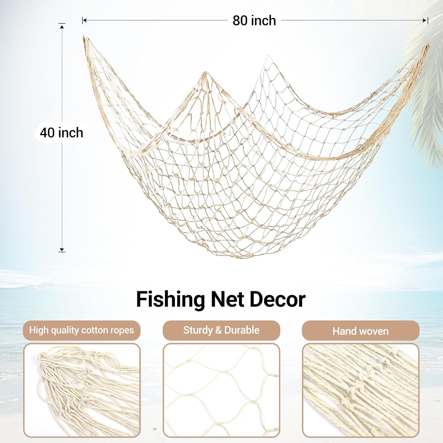 14 Pack 80 x 40 in Natural Cotton Fishnet Decoration Wall Hanging Fishing Net Decor Underwater, Mermaid, Pirate, Hawaiian, Nautical Ocean Theme Beach Bash Party Decorations, Beige