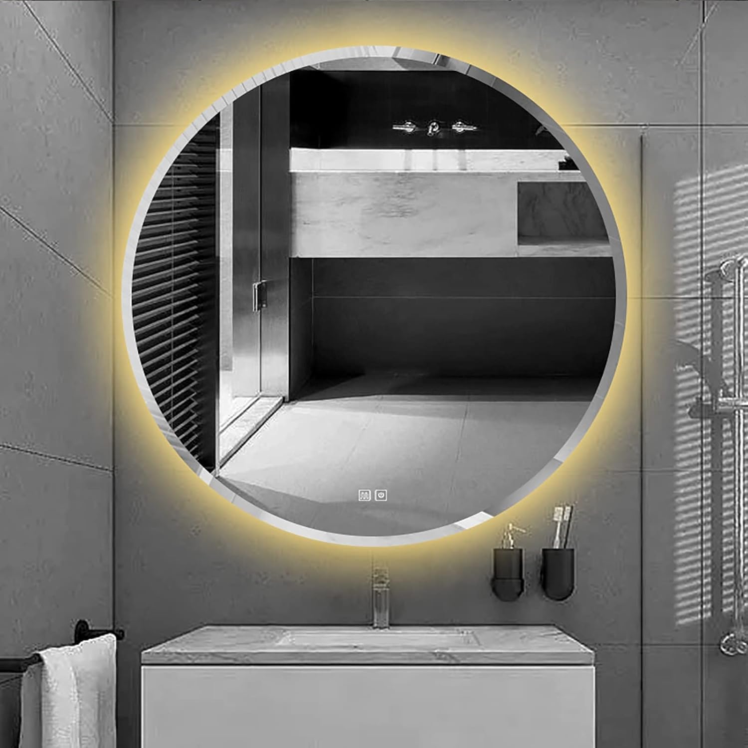 Miroir de salle de bain rond rétroéclairé tactile miroir mural LED biseauté