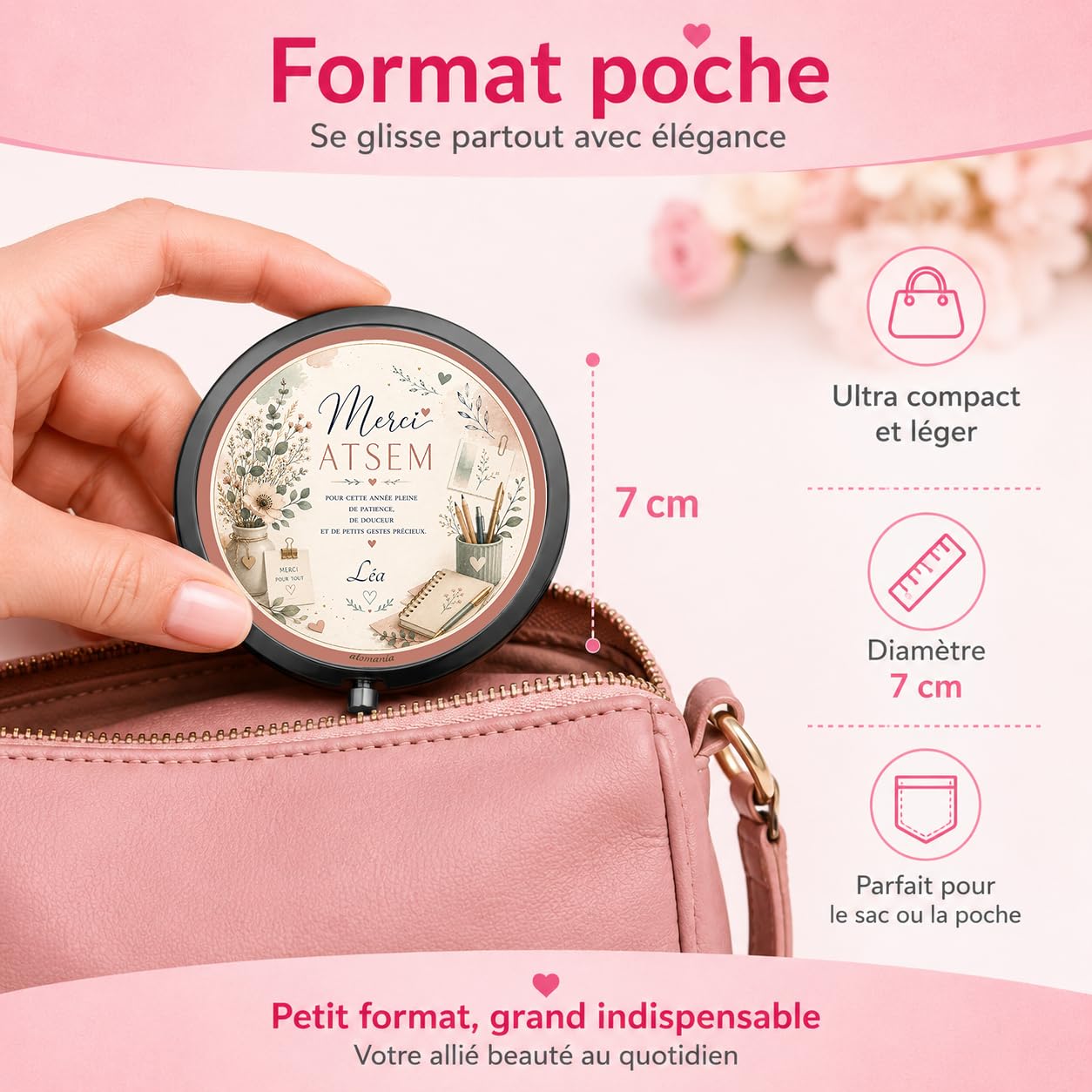 Miroir de Poche Merci ATSEM Personnalisé – Cadeau ATSEM Fin d'Année Scolaire avec Prénom – Cadeau Assistante Maternelle Élégant et Utile – Miroir Compact Femme