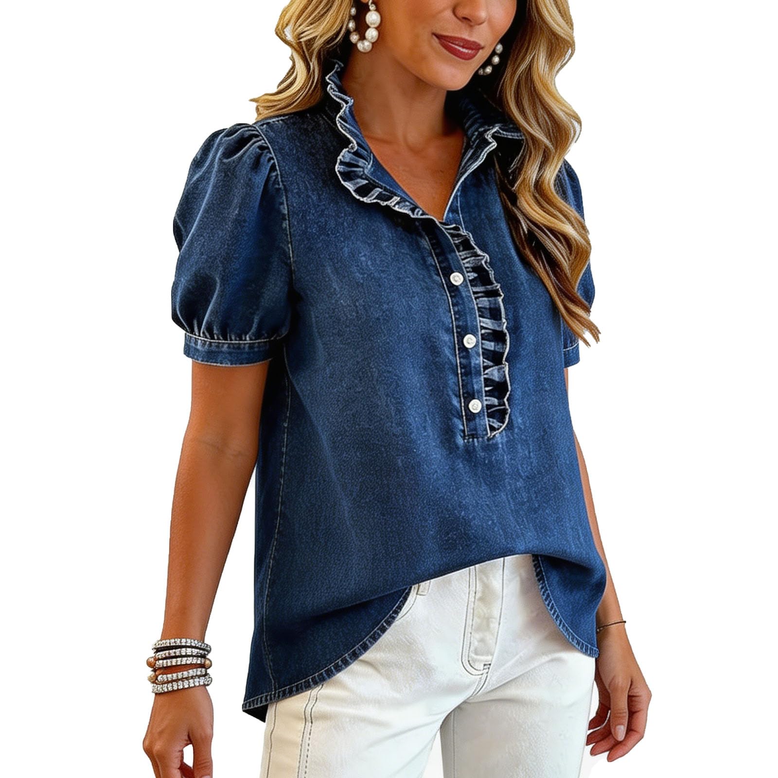 Camisa Vaquera para Mujer Estilo Y2K con Volantes, Blusa de Verano con Mangas abullonadas, Top Holgado de Cuello en V y Manga Corta para Uso Diario