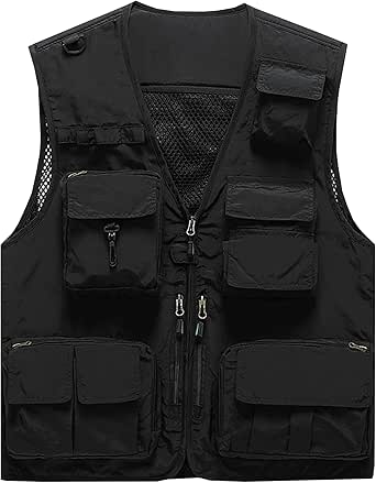 Flygo Men's Casual Lightweight Outdoor Fishing Work Safari Travel Photo Cargo Vest Jacket Multi Pockets