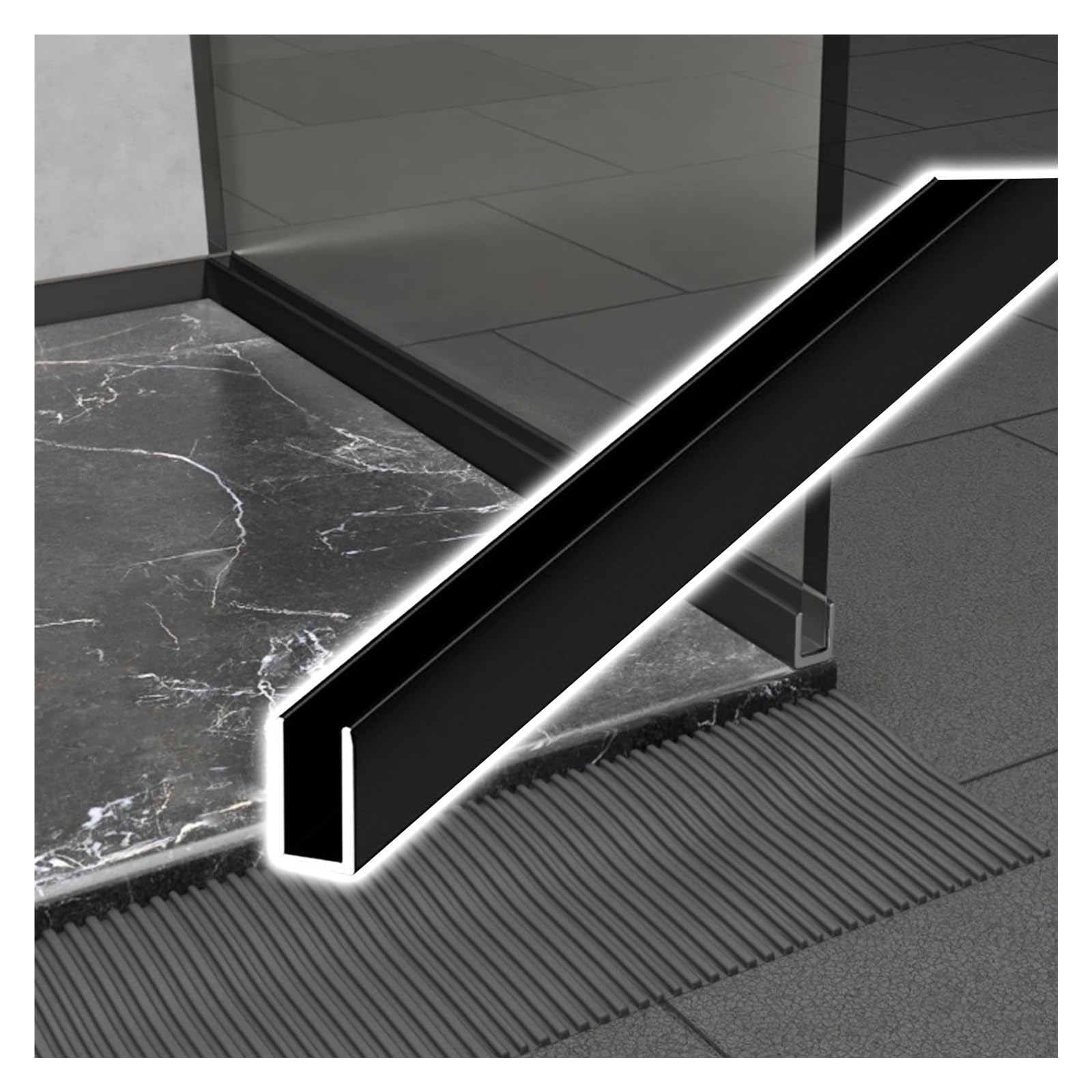 Riel inferior de aluminio negro para mampara de ducha y vidrio de 8mm