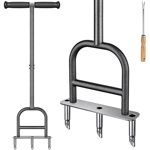 Dolibest Lawn Coring Aerator, Manual Lawn Aerator, 3 Stainless Steel Corer Plug Aerator with Soft Rubber Grip, Pre-Assembled Manual Grass Aerating Tool & Cleaning Hand Tool for Improving Lawn Health