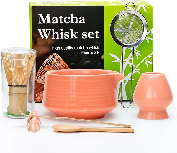 Matcha Whisk Set,7pcs Pink Matcha Set includes Matcha Bowl (19 oz),Bamboo Matcha Whisk and Matcha Scoop,Matcha Whisk Holder,Stainless Steel Sifter,Tea Making Tools,Matcha Kit Gift for Matcha Lovers