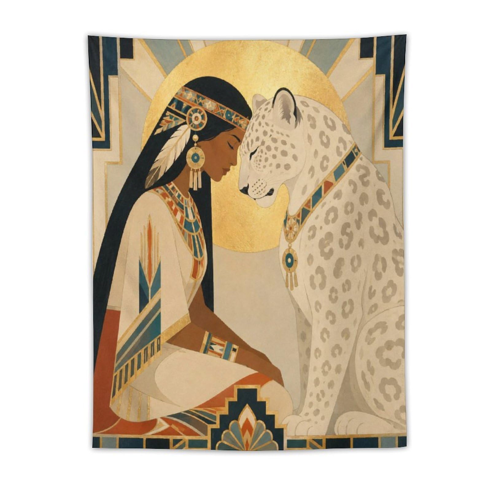 W7C8U2X3 Woman and White Leopard Wall Tapestry, Geometric Art, College Dorm