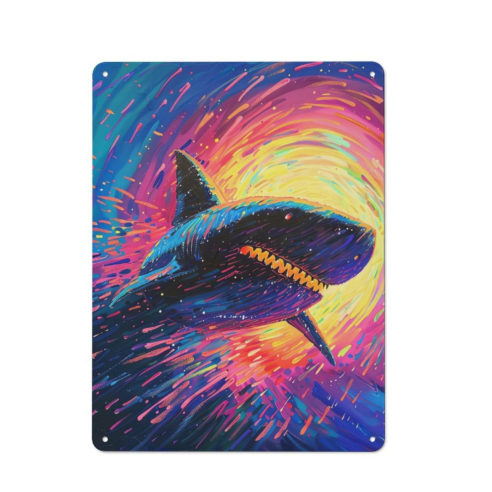 Junmoney Shark In Neon Galaxy Tin Sign 40X30cm For Workshop Wall, Retro Wall Decor, Suited To Metal Sign Collectors