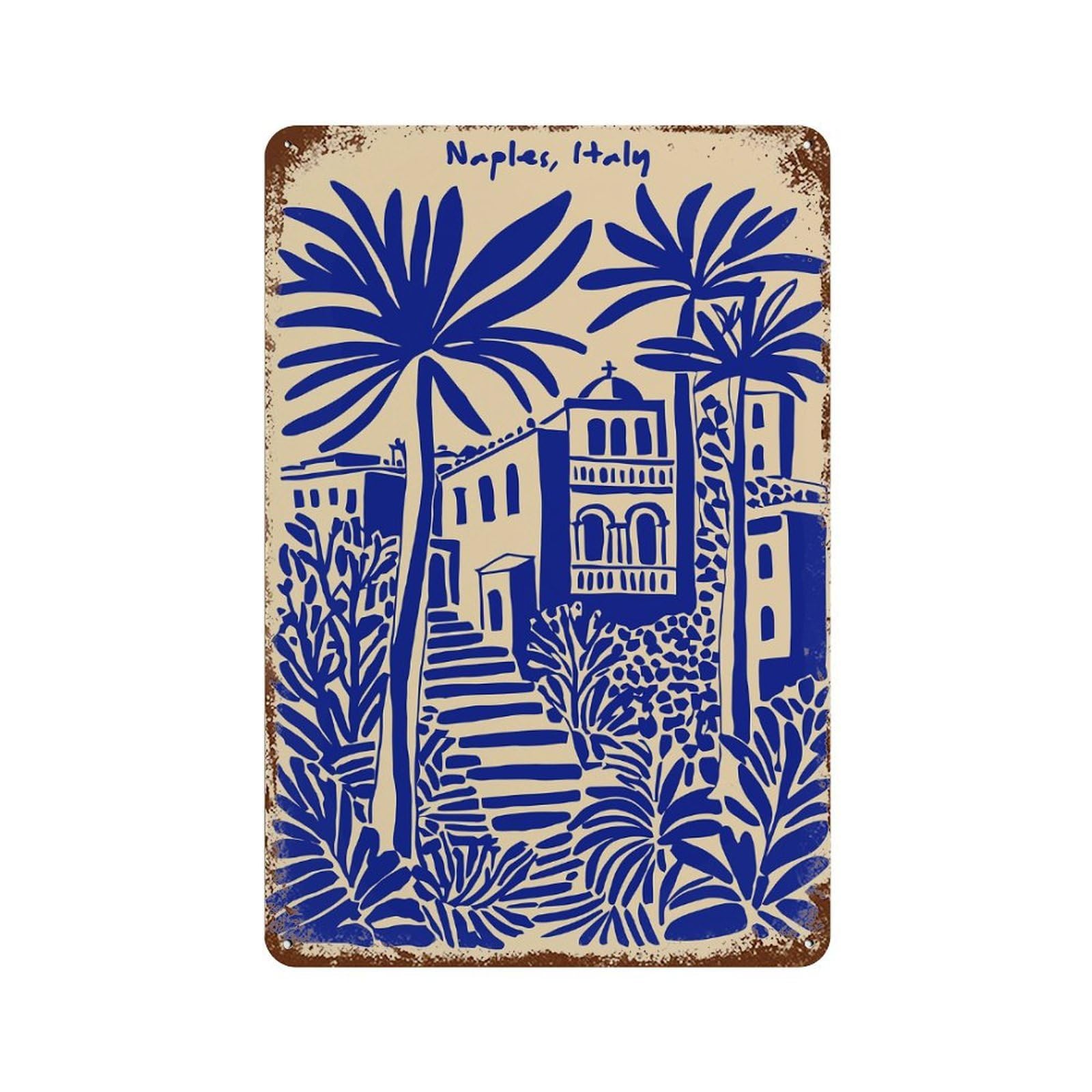 Aged Metal Wall Plaque with Naples, Italy Illustration Design 11.8"x7.9", for Shed, Workshop And Garage Wall Decor, Decorative Metal Wall Art