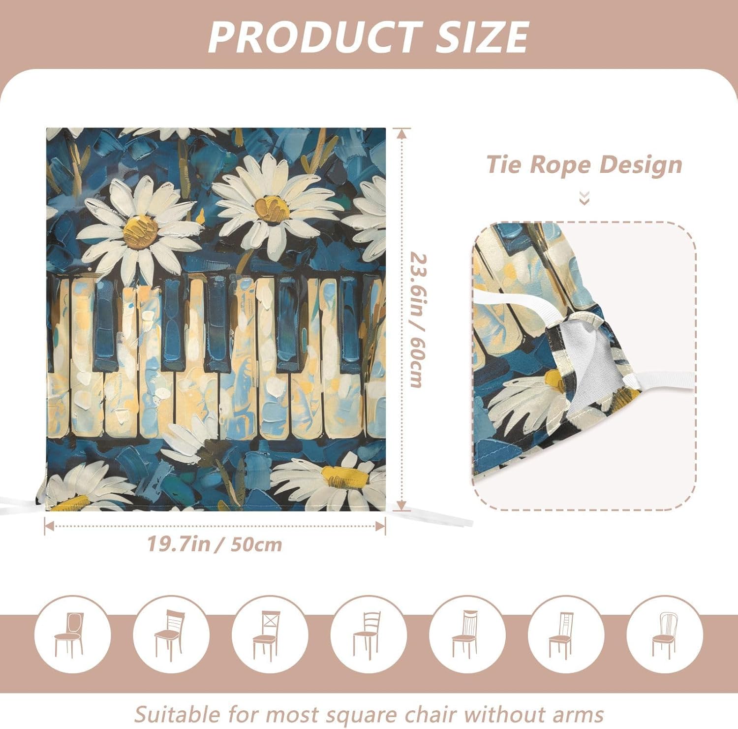 ALAZA Daisy Flowers Piano Keys Vintage Chair Back Cover Set of 6, Washable Reusable Removable Chair Slipcovers Decorative Chair Cover for Home Kitchen Wedding Party