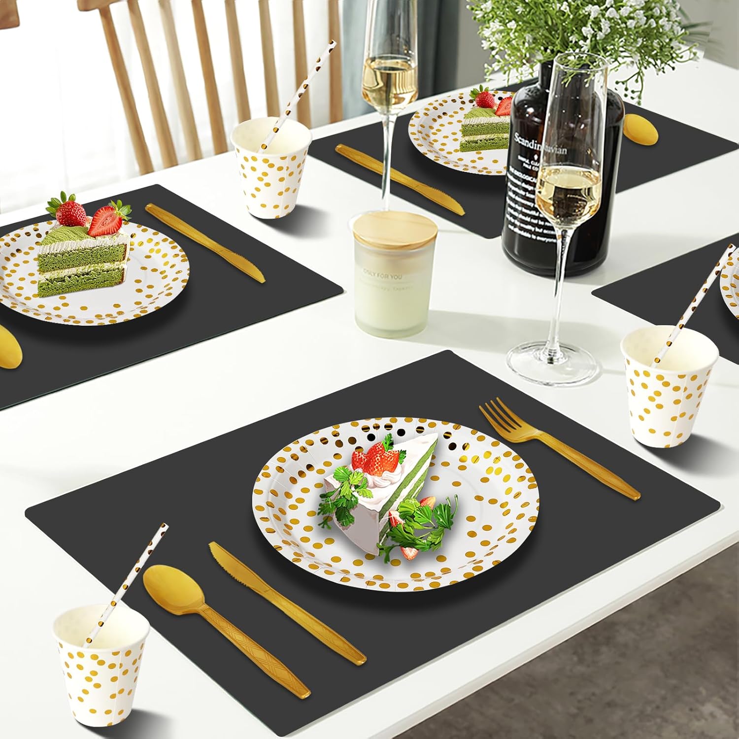 Nkaiso 193 Pieces White Gold Party Supplies, Disposable Dinnerware Set Includes Paper Plates Cups Napkins Straws and Cutlery for Birthday Wedding Holidays Parties Decorations-24 Guests