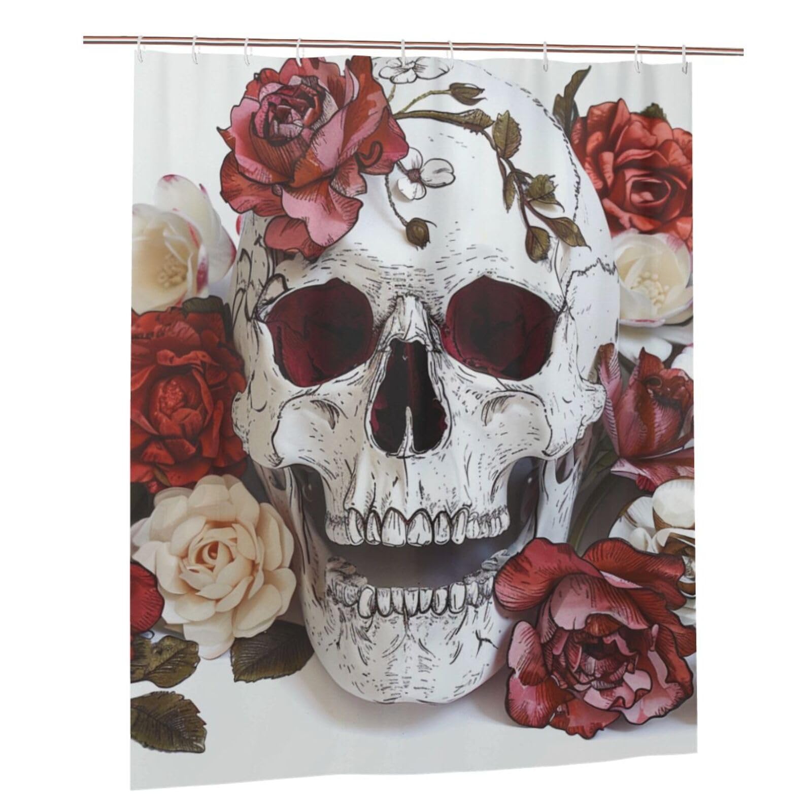 BWWHCCTI Floral Skull Printed Shower Curtain With 12 Plastic Hooks Opaque Quick Drying Waterproof Shower Curtains Sets For Bathroom 152x183 Cm