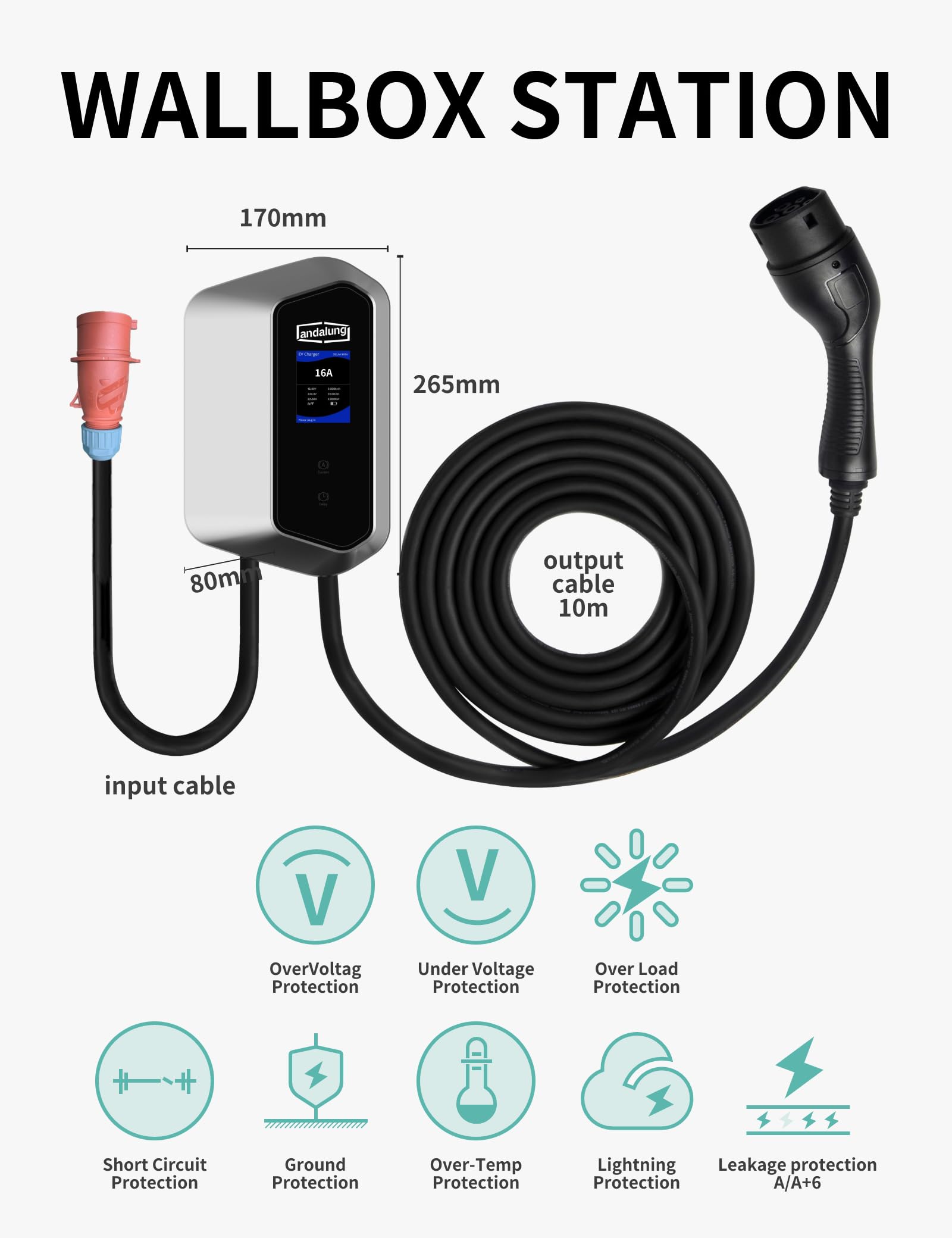 11 kW 380-440V trójfazowa ładowarka EV, typ 2, 6–16 A, kabel 10 m, WiFi i Bluetooth, IP65, odpowiednia do wszystkich pojazdów elektrycznych
