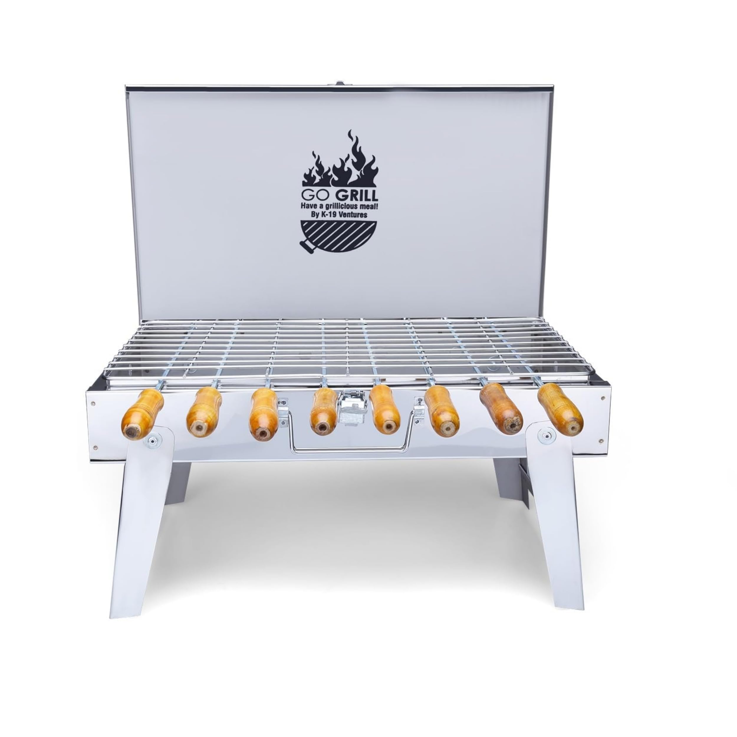 TRU : MODE Briefcase Foldable Charcoal Tandoor Grill Barbeque Set (Combo Of 8 Skewers, Tong, Glove, Oil Brush And Small Bbq Recipe Booklet),44 X 25 X 20 Centimeters, Silver, Free Standing
