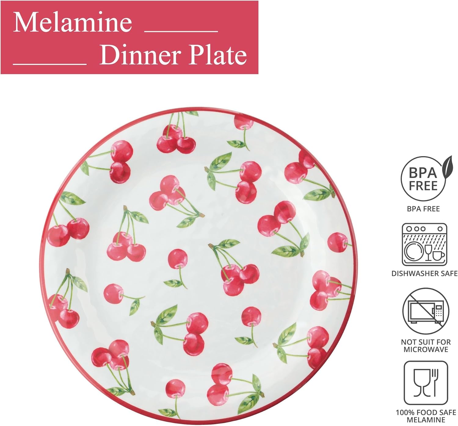 UP UPware Cherry Melamine Dinner Plate Set, Round Plates for Main course, Pasta, and Salad, BPA-Free, Dishwasher Safe, Red, 11 Inch, Set of 6