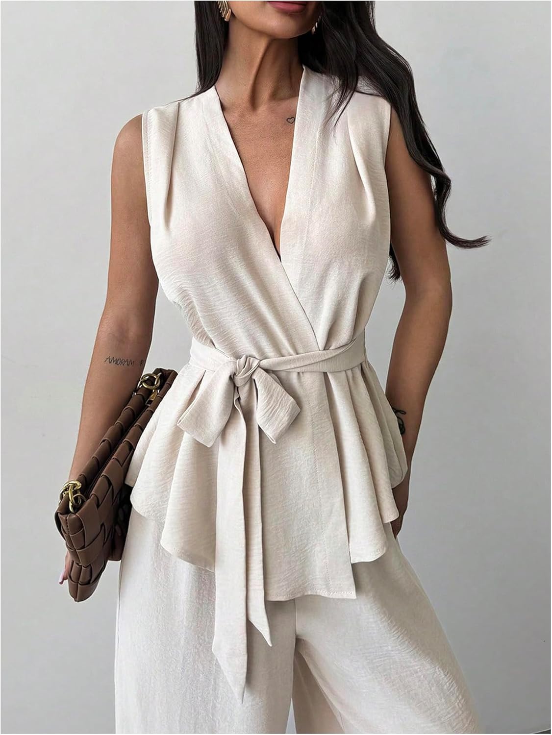 Verdusa Women's 2 Piece Old Money Clothes Tie Waist Wrap Vest with Dress Pants Clothing Sets - Image 3