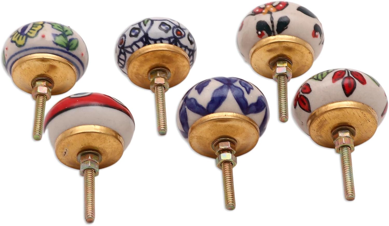 NOVICA Artisan Handmade Ceramic Knobs Floral Motif from India Set of 6 Multicolor Decor Accessories Decorative Hardware Painted [ 2.4in H x 1.8in Diam. Screw Length 0.9in L] ' Floral Union' Set of