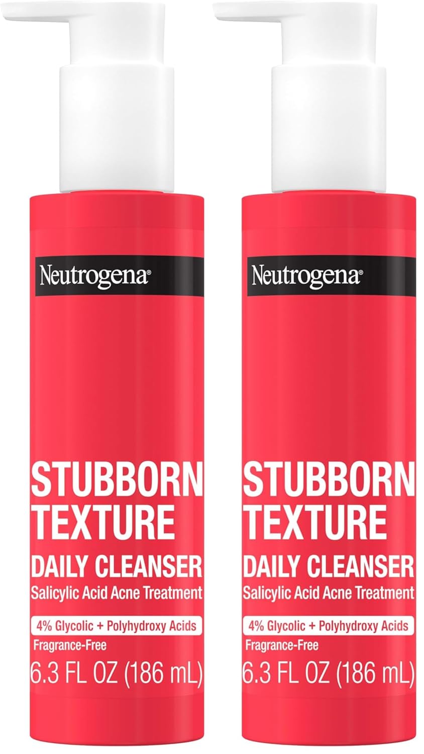Neutrogena Stubborn Texture Daily Acne Facial Cleanser,Salicylic Acid Face Wash + Glycolic & Polyhydroxy Acids,Fragrance-Free,6.3 fl. oz,(Pack of 2)