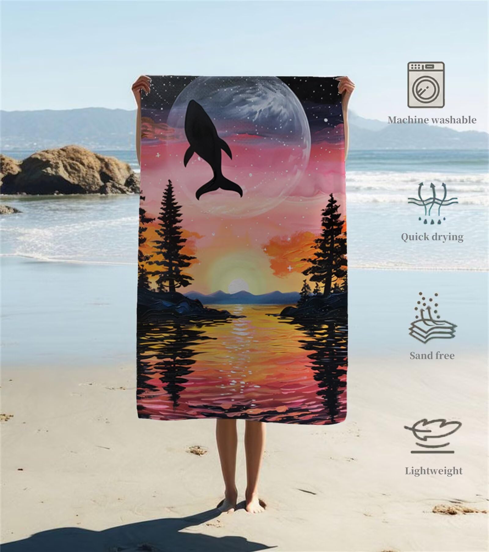 Duży ręcznik z mikrofibry XXL 220 x 100 cm ręcznik plażowy krajobraz delfin ręczniki na siłownię szybkoschnące cienkie i kompaktowe ręczniki kąpielowe z torbą, ręcznik plażowy odporny na piasek dla