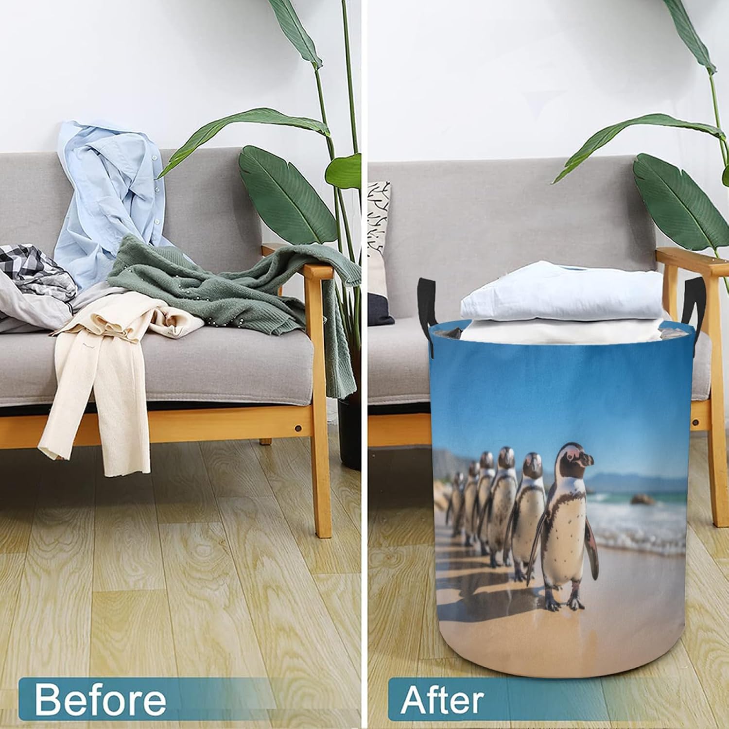 African Penguins Walking On A Beach Waterproof Foldable Storage Bin, Dirty Clothes Laundry Basket, Canvas Organizer Basket for Laundry Hamper, Toy Bins, Gift Baskets, Bedroom, Clothes, Kids Hamper
