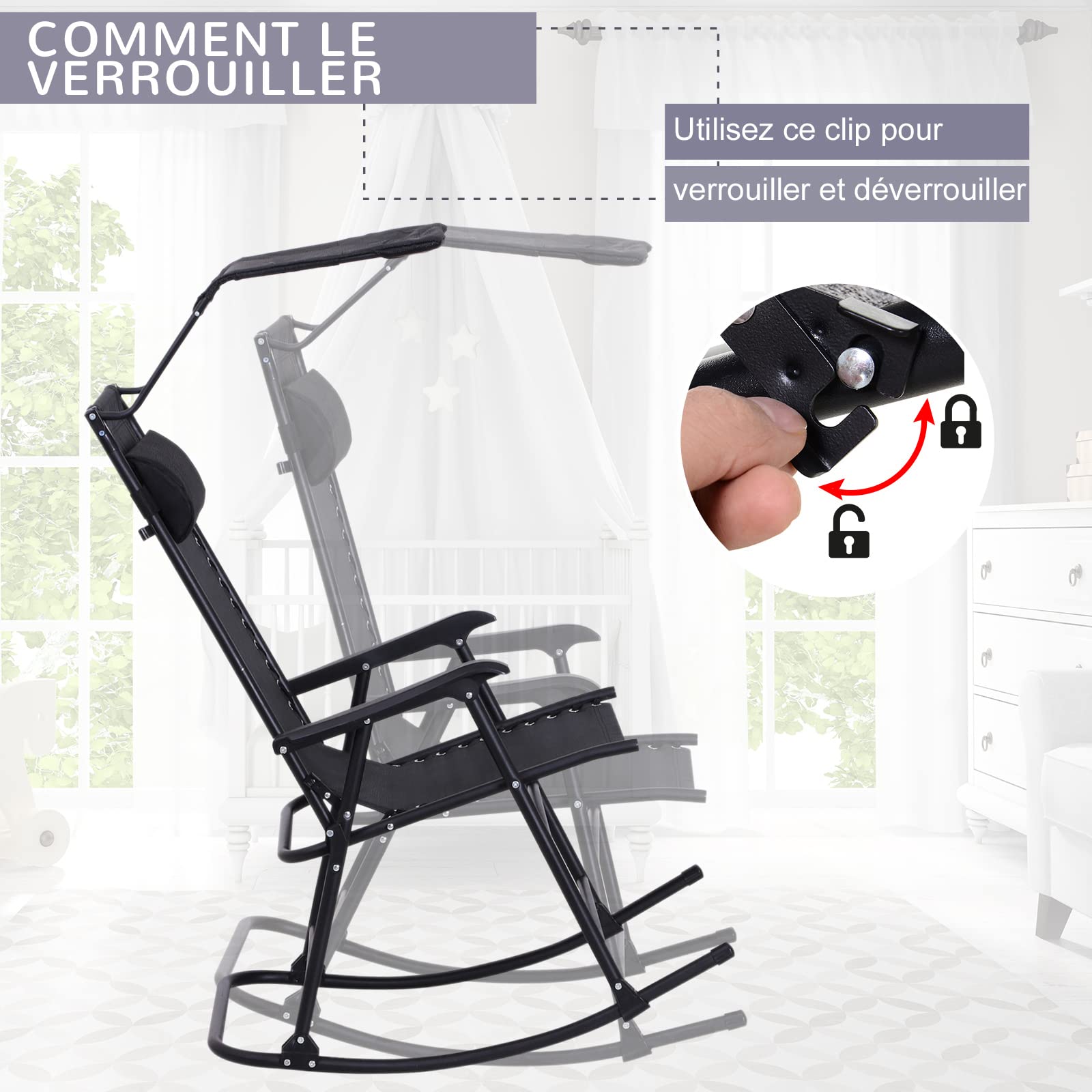 Outsunny Rocking Chair Plegable de Jardín Dim. 105 x 64 x 125 cm tetera + parasol incluido acero epoxi textileno negro