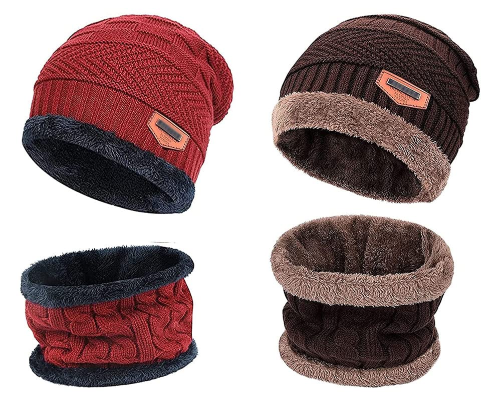 2 Pairs Men's & Women's Snow Proof Inside Fur Warm Woolen Cap with Neck Muffler Neck Warmer Scarf for Winter Free Size Unisex Beanie Cap with Neck Warmer Set(Sty-Winter Cap Set-image-16