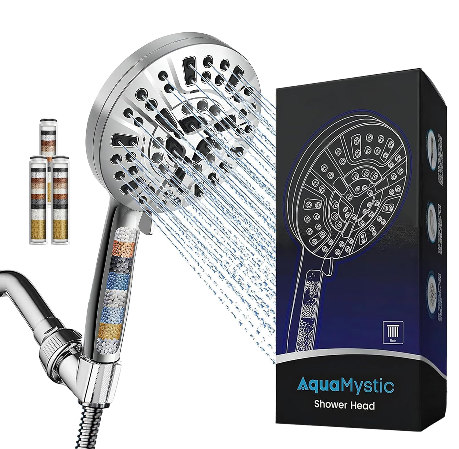 Luxury Shower Head Set | High-Pressure 10-Mode Handheld Showerhead | Hard Water Filter | Extra-Long Stainless Steel Hose | Wall Bracket | 3 Filter Rods for Extended Freshness
