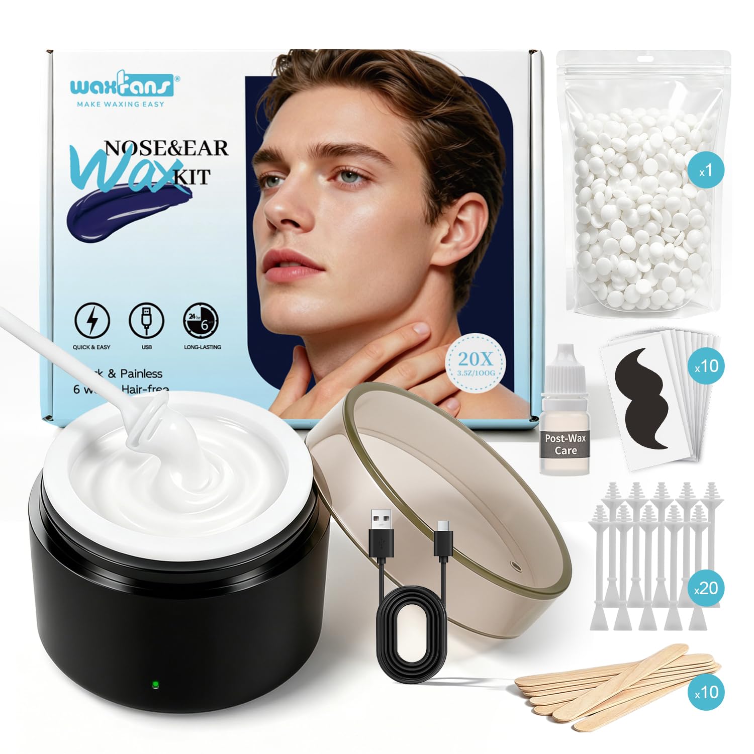 WaxFans Nose Wax Kit, Nose Hair Wax Kit for Men's Nose, Ear & Eyebrow, Mini Wax Pot with 100g Wax Beads & 20 Nose Wax Sticks, USB Portable Facial Hard Wax Warmer for Ear Hair Removal(Black)