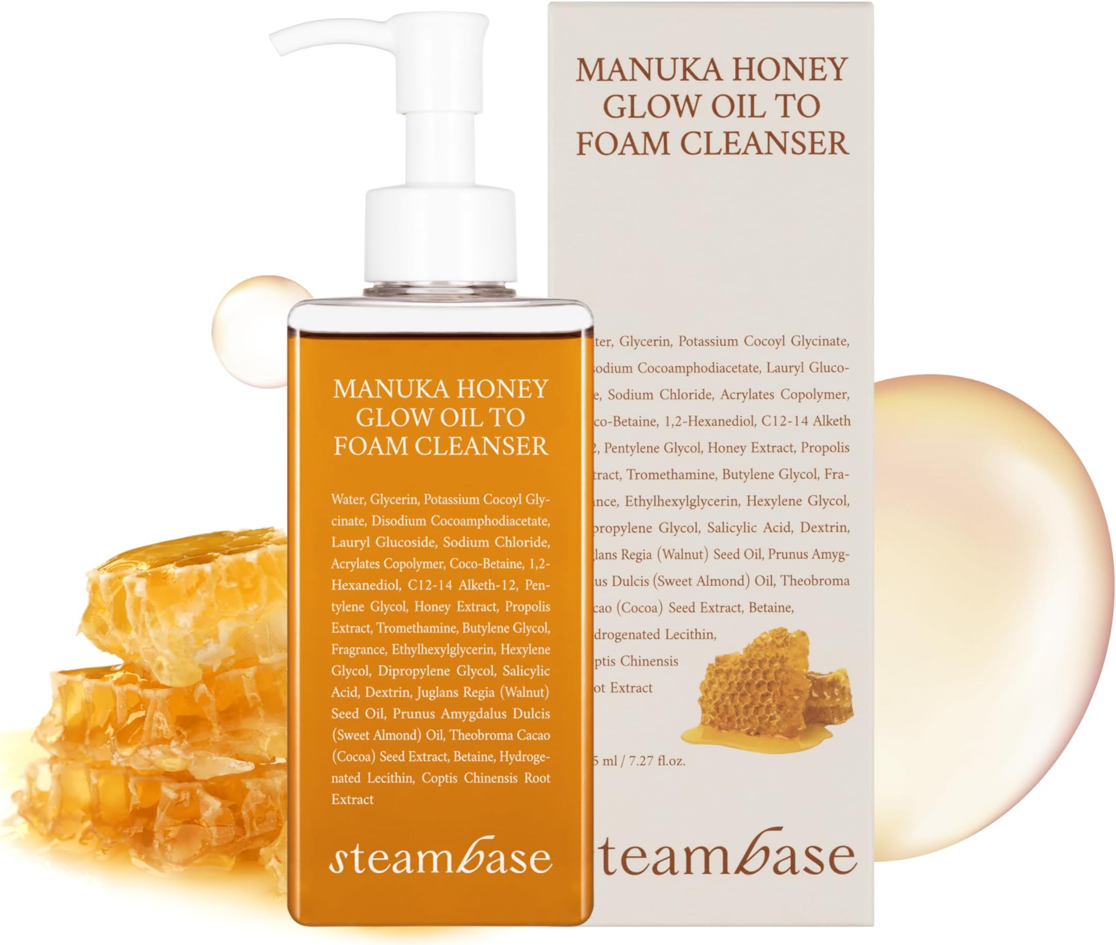 STEAMBASE Manuka Honey Glow Oil to Foam | Daily Makeup Remover and Cleanser, Hydrating Foaming Face Wash for Dry Skin, Double Cleanse | Korean Facial Oil Cleanser, 7.27 fl oz