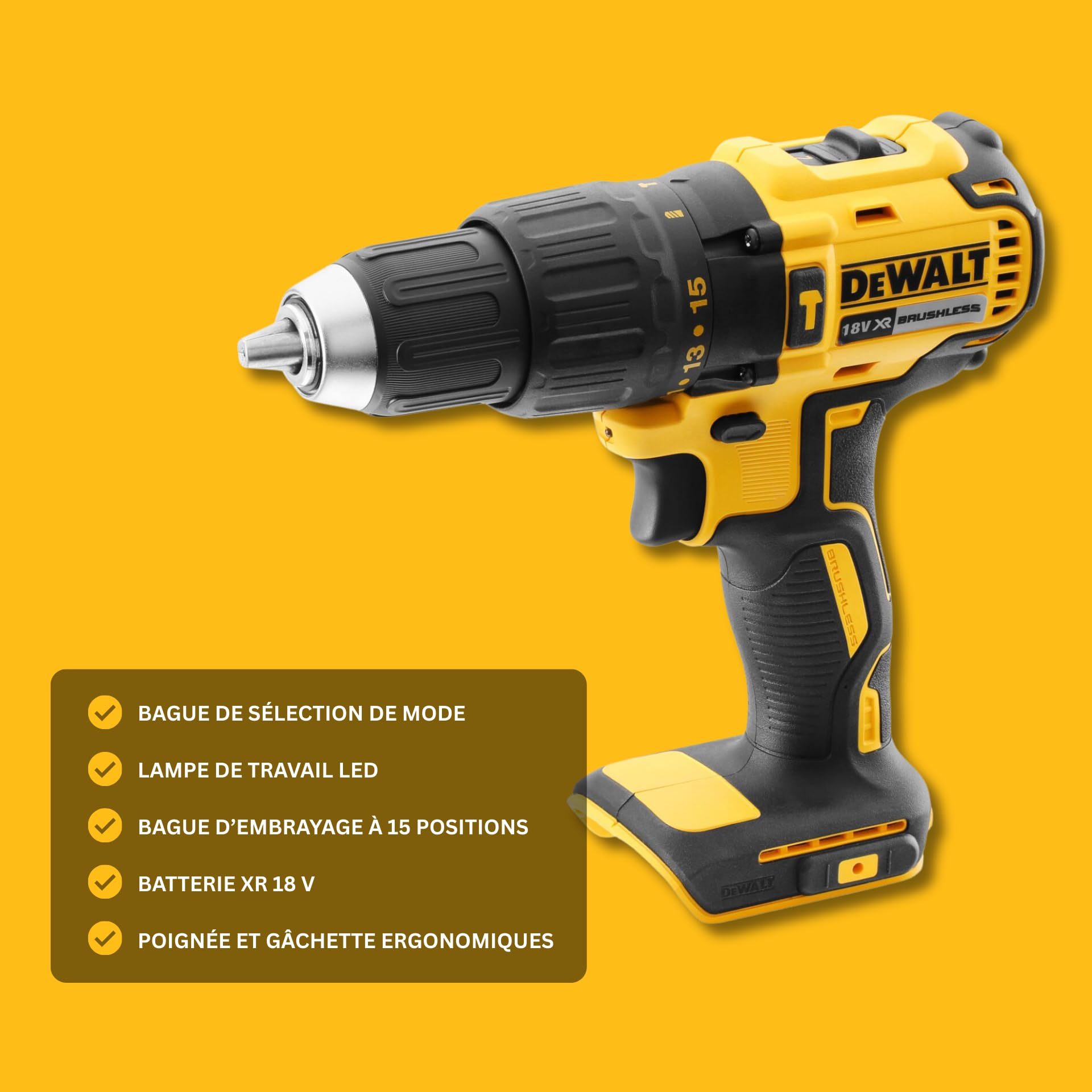 DEWALT Perceuse-visseuse à percussion compacte sans fil, XR 18V brushless, éclairage LED, performance polyvalente, livrée avec 2 batteries XR Li-Ion 2Ah, chargeur et coffret, DCD778D2T-QW