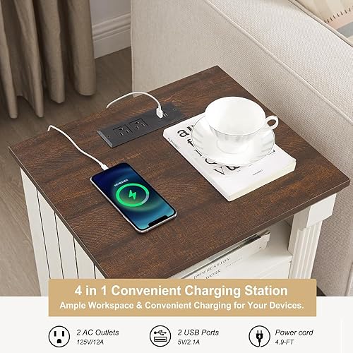 Miniatura 4 de Farmhouse - Juego de 2 mesitas de noche blancas de 18 pulgadas con estación de carga, mesa auxiliar rústica de madera, diseño de columna romana,