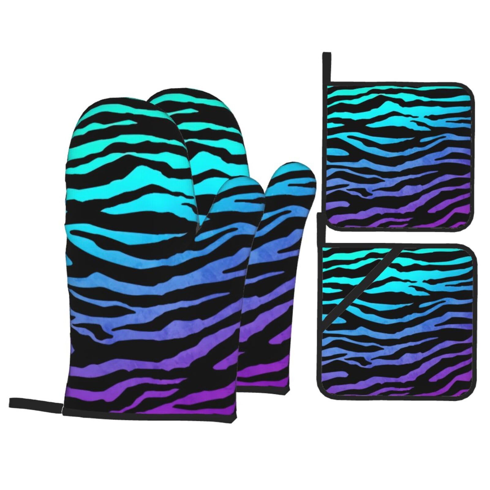 Purple Blue Green Camouflage Zebra Stripes Print 4-Piece Oven Microwaving Set Waterproof Kitchen Gloves for Baking Grilling Cooking