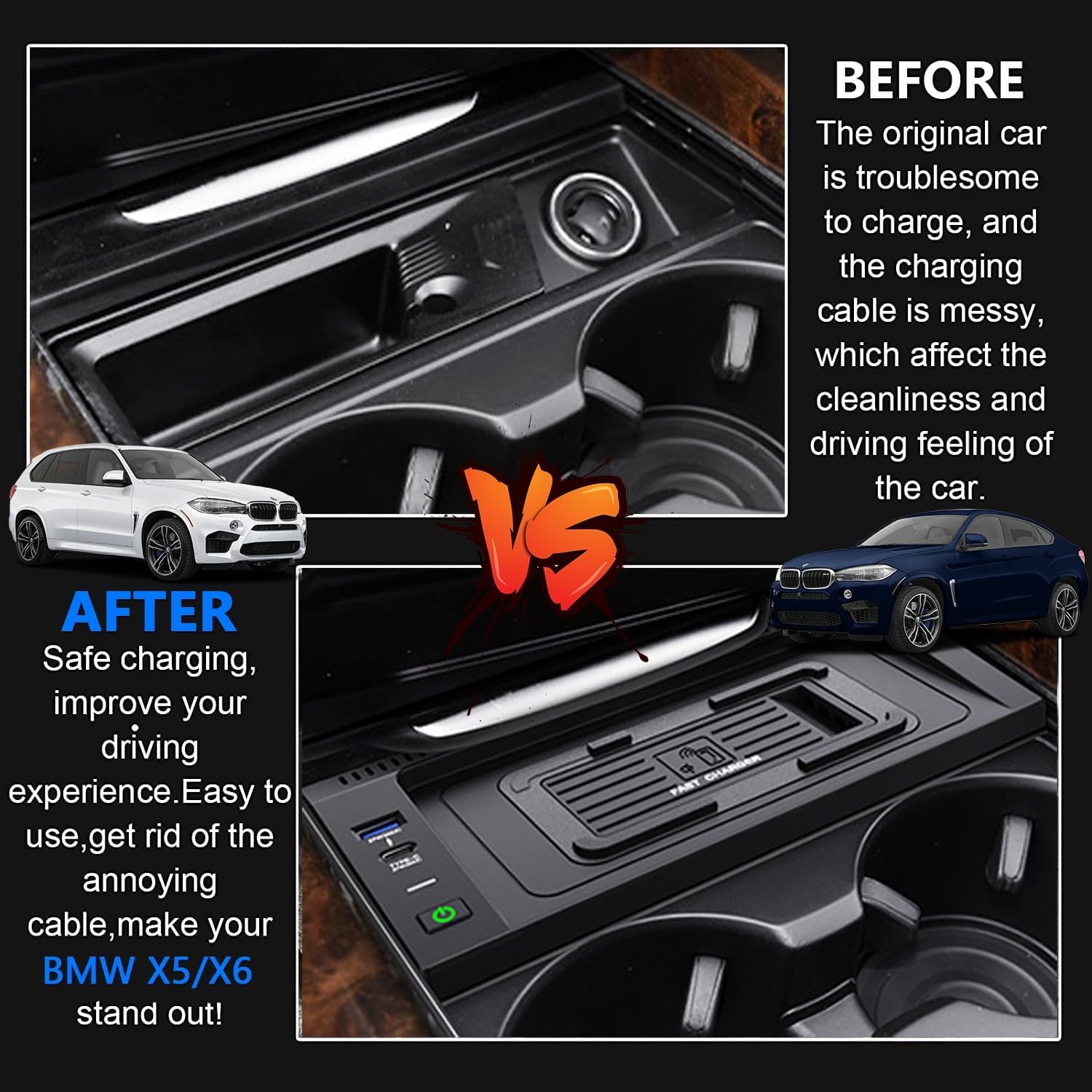 Wireless Charger for BMW X5/X6 2014-2018, 15W Wireless Fast Phone Charging Pad with 27W USB-A & Type-C, Fit for BMW X5/X5M 2014-2018 X6/X6M (F16) 2015-2019 Interior Accessories Upgrades