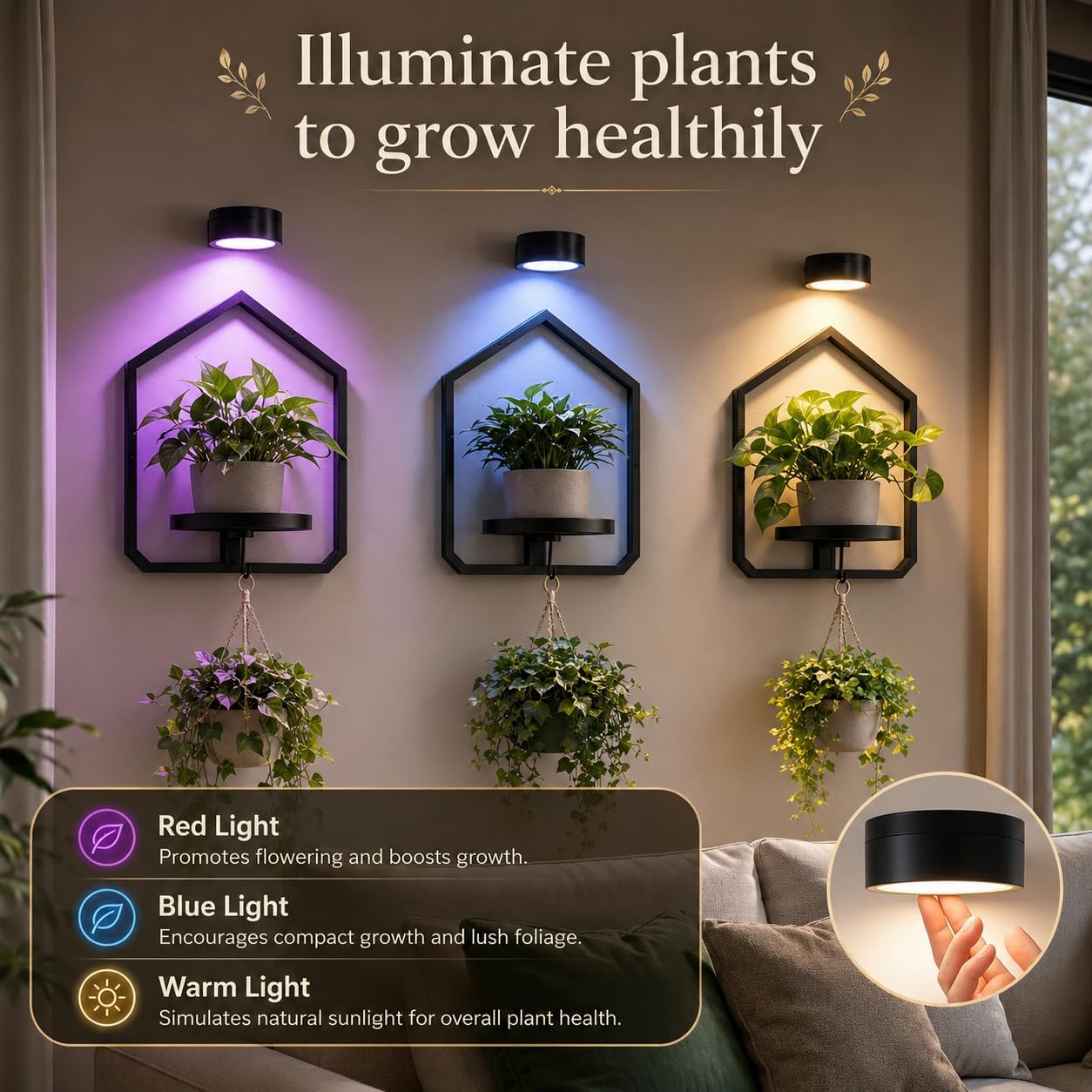 2 Pack Wall Mounted Plant Shelf with Grow Light, Hanging Plant Shelf image 2