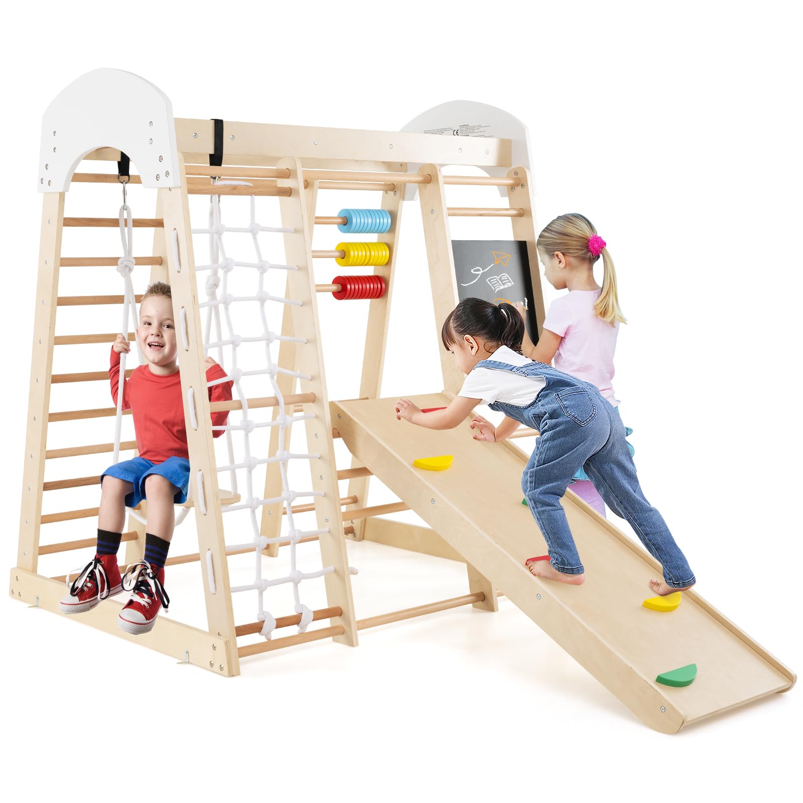 RELAX4LIFE Juego de Escalada Multifuncional 6 en 1, Parque Infantil de Madera con Tobogán, Tienda de Juego para Interior y Exterior para Niños 1-5 Años, Carga 60kg (Modelo 3 Natural)