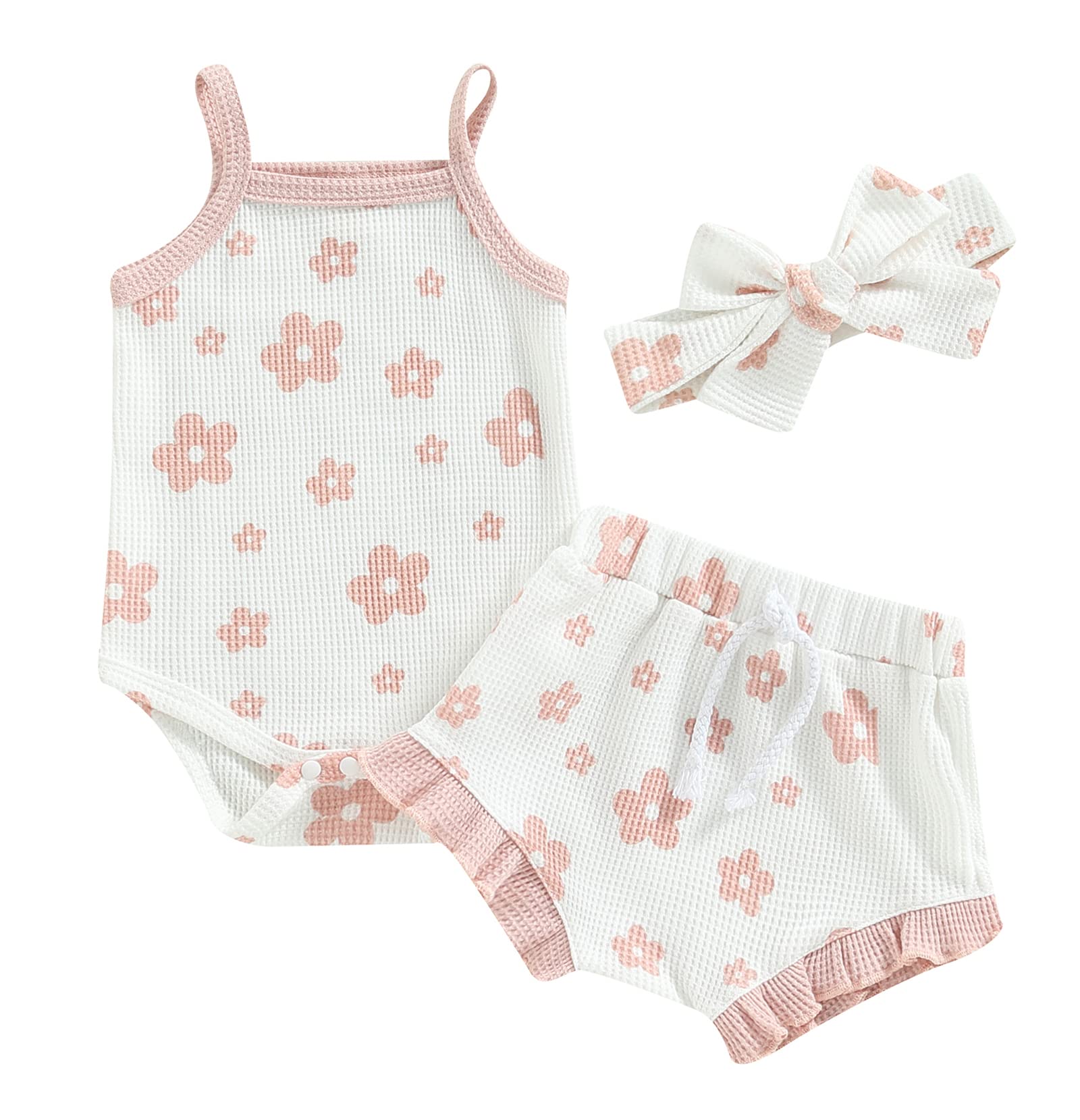 Newborn Baby Girl Summer Outfits Halter Ribbed Ruffle Sleeve Bodysuit +Ruffled Short Pants Headband 3Pcs Clothes Set (Flower-Pink, 0-3 Months)
