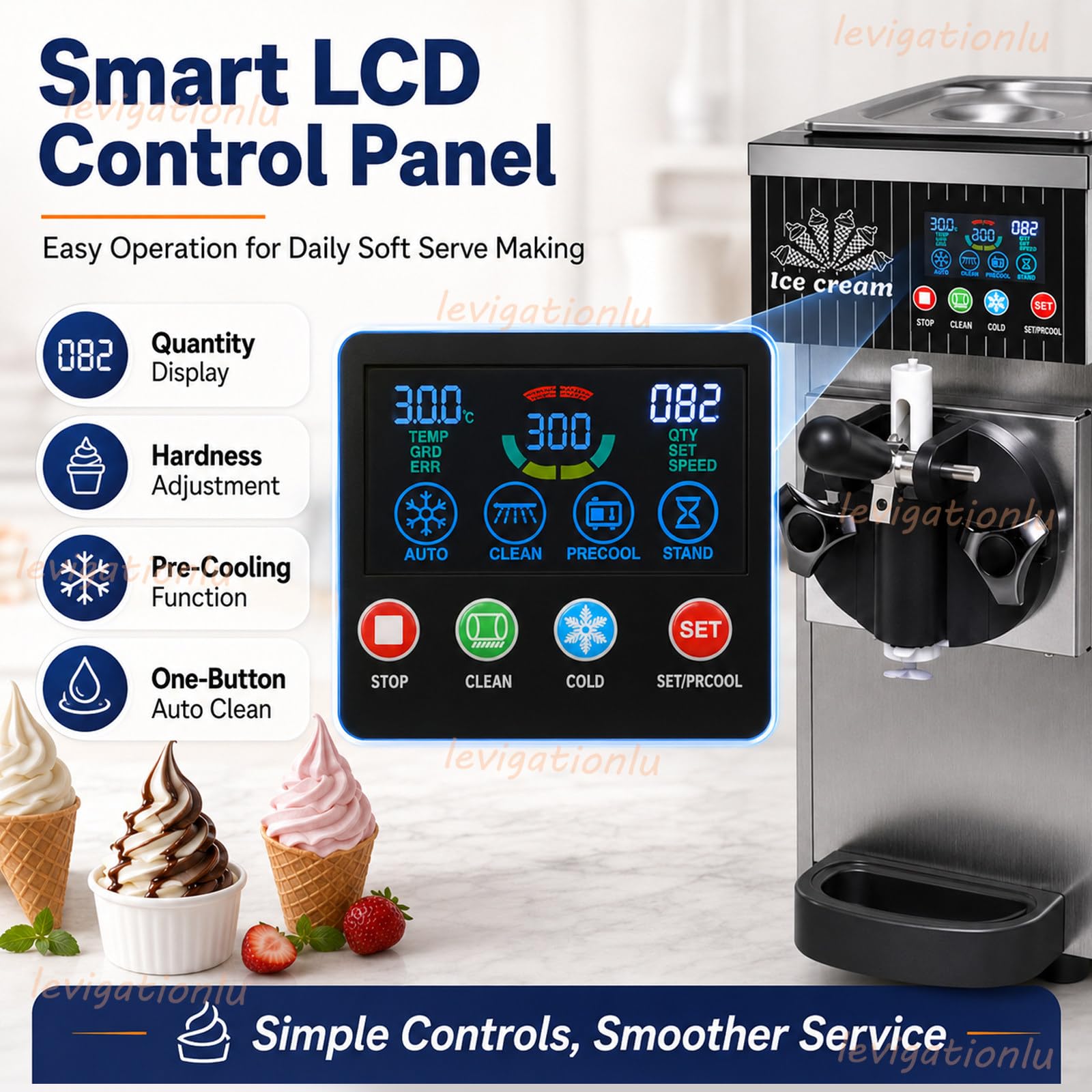 Máquina De Helado Soft para Casa, 4-5 L/H Máquina para Hacer Helados con Pantalla LCD, Preenfriamiento Y Limpieza Automática, para Tarrinas, Sorbetes, Postres Y Cucuruchos White
