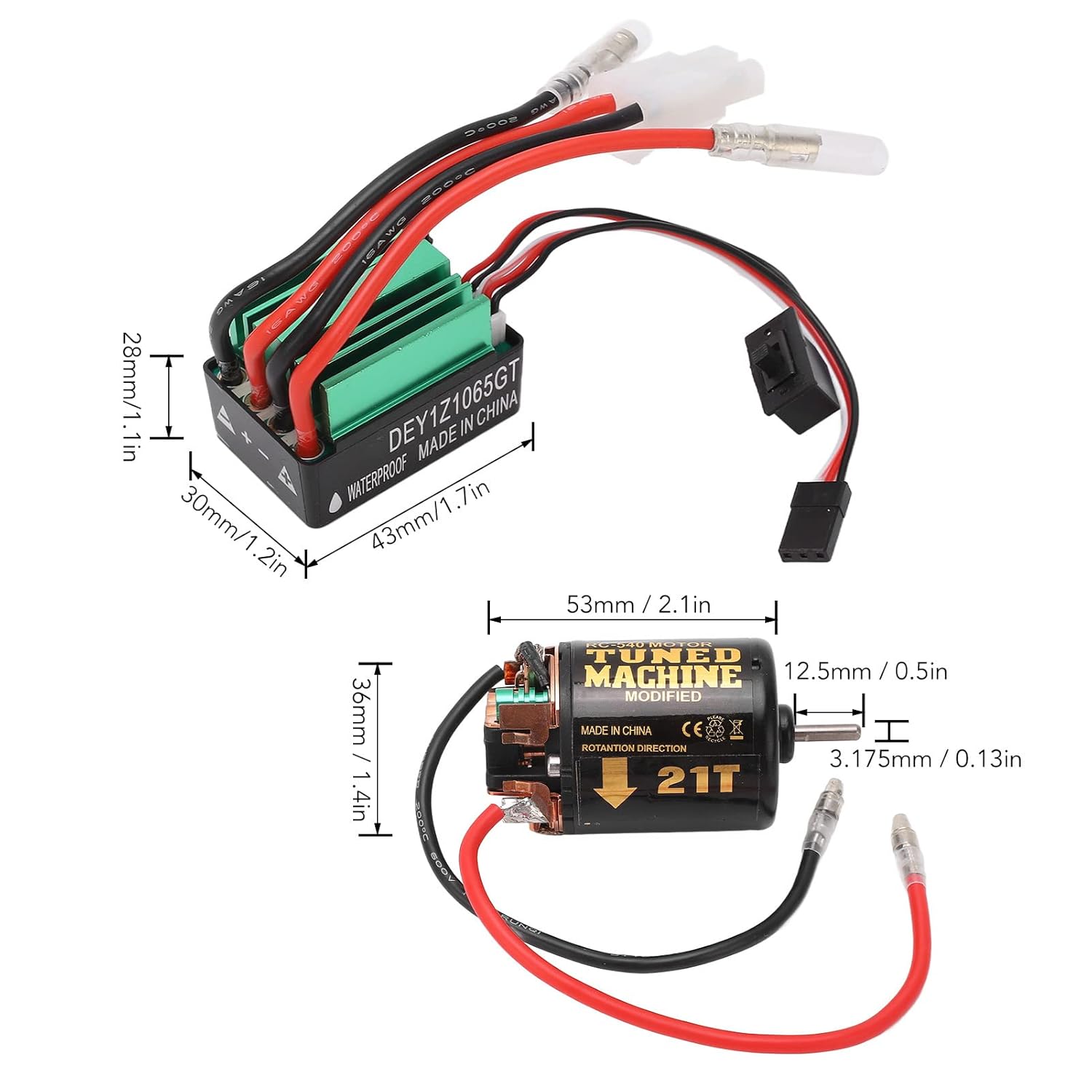 Milltrip RC Brushed Motor, ESC Combo with 540 21T Brushed Motor 65A Waterproof Green Brushed ESC for Traxxas for Tamiya