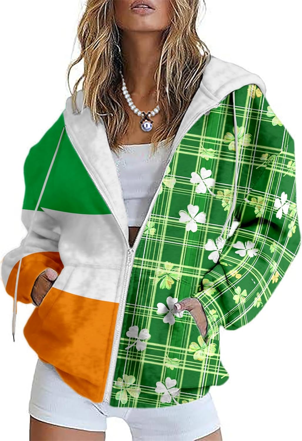 domirica Green Hoodies For Women Shamrock Graphic Zip Up Long Sleeve Drawstring Hooded Sweatshirts For St Patricks Day