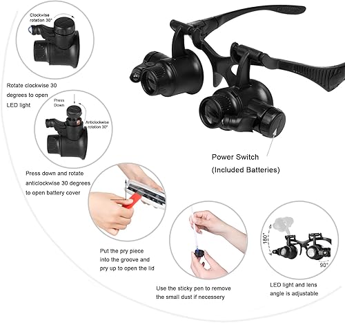 Miniatura 4 de Qooltek Soporte y diadema para lupa de reparación de reloj de joyería con 2 luces LED y 8 lentes intercambiables 25 x 4 x 6 x 8 x 10 x 15 x 20 x 25