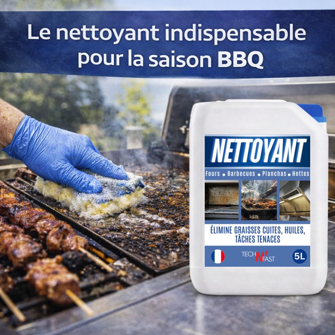 TECH N'FAST Dégraissant Plancha & BBQ Ultra Puissant 5L – Gel Nettoyant Professionnel pour Four, Hotte et Grill – Élimine Graisses Brûlées et Cuites – Fabriqué en France