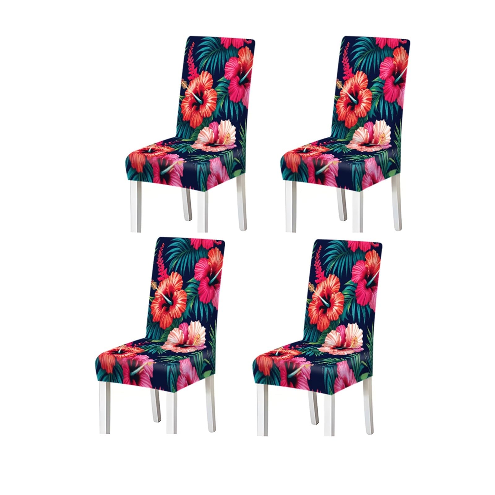 Bosuybn One Color Navy Background Tropical Hibiscus Palm Leaf Pattern Print Dining Chair Covers Set Of 2/4/6, Stretch Slipcovers For Kitchen Dining Room Furniture Protectors For Home Dining Room(4Pcschair Cover)